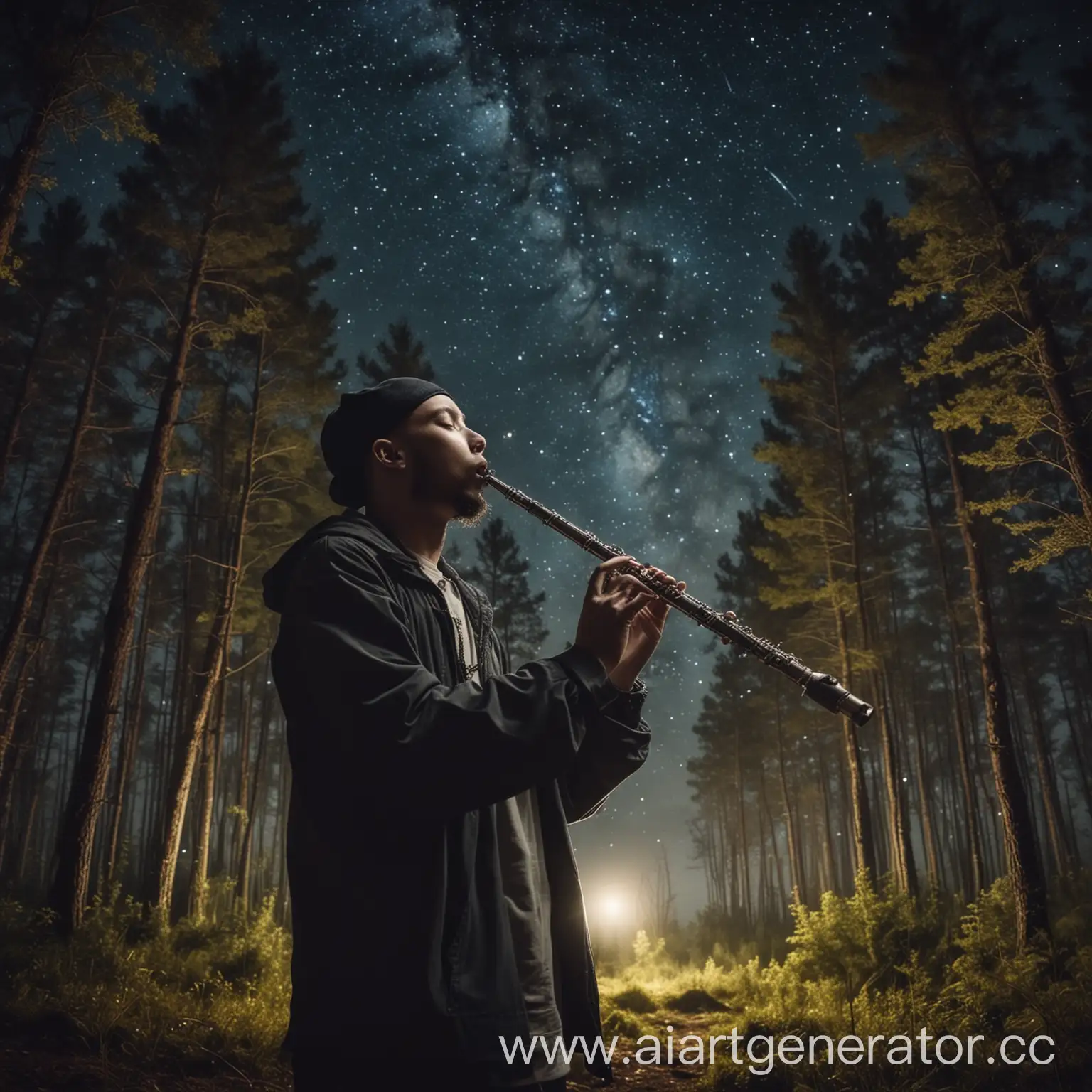 Rapper-Playing-Flute-in-Forest-Under-Starry-Sky