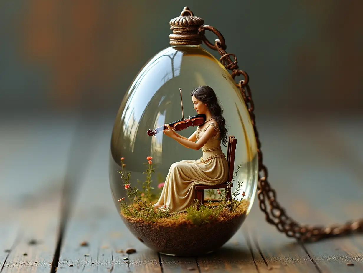 Create for me a glass egg pendant with a woman inside playing a violin