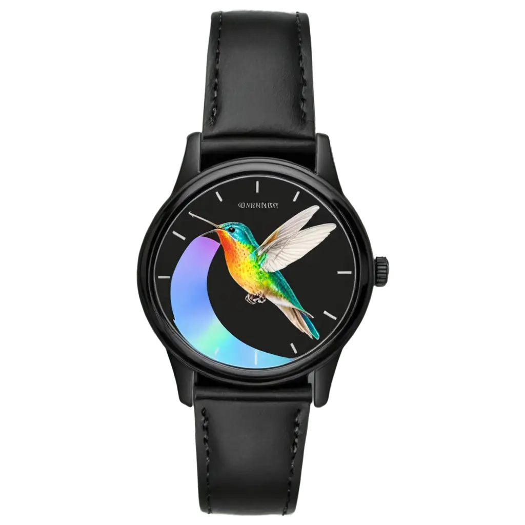 Black-Wristwatch-PNG-with-Hummingbird-Emerging-in-Iridescent-Tones-HighQuality-Image-Format