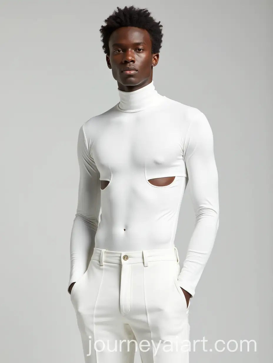 Male-Model-in-Glossy-White-Turtleneck-and-Trousers-with-Cutout-Panels
