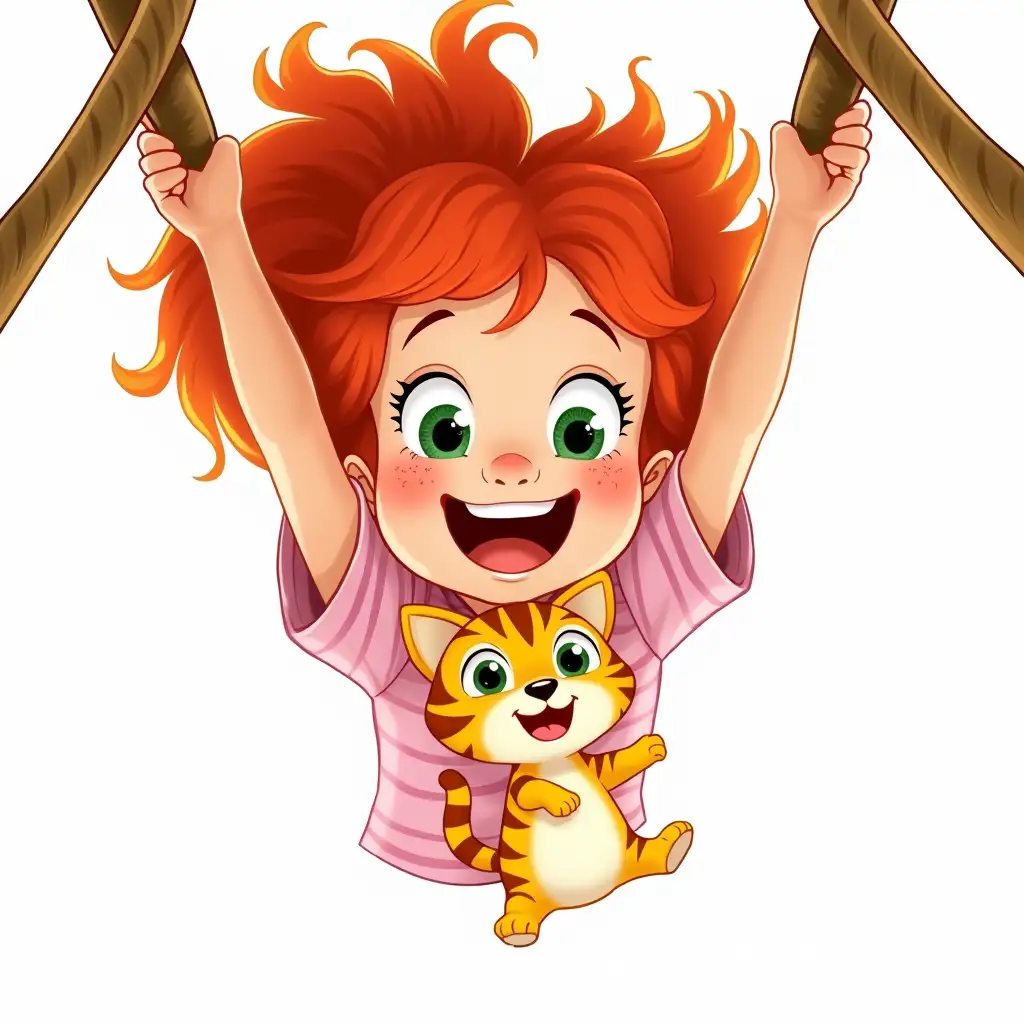 Young-Girl-with-Red-Hair-and-Kitten-Hanging-Upside-Down-in-Playful-Playground