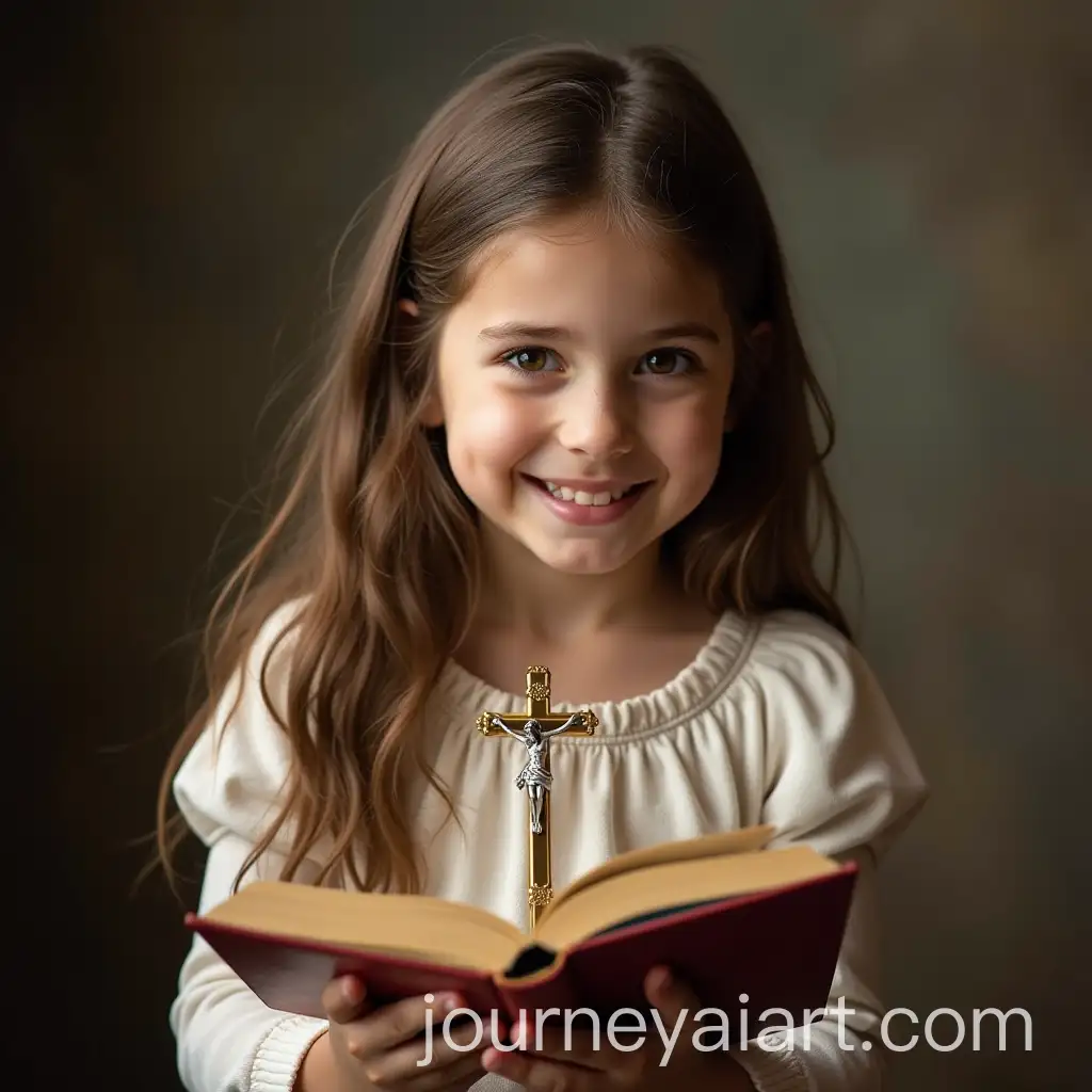 European-Girl-Child-Holding-Open-Children-Book-by-Jesus-Cross