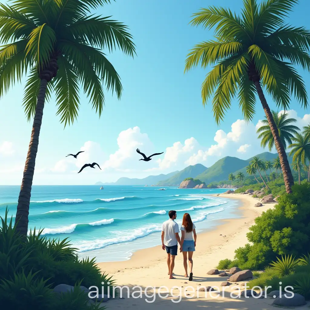 Couple-Walking-Along-the-Coast-with-Palm-Trees-and-Cranes-Flying-Over-the-Sea