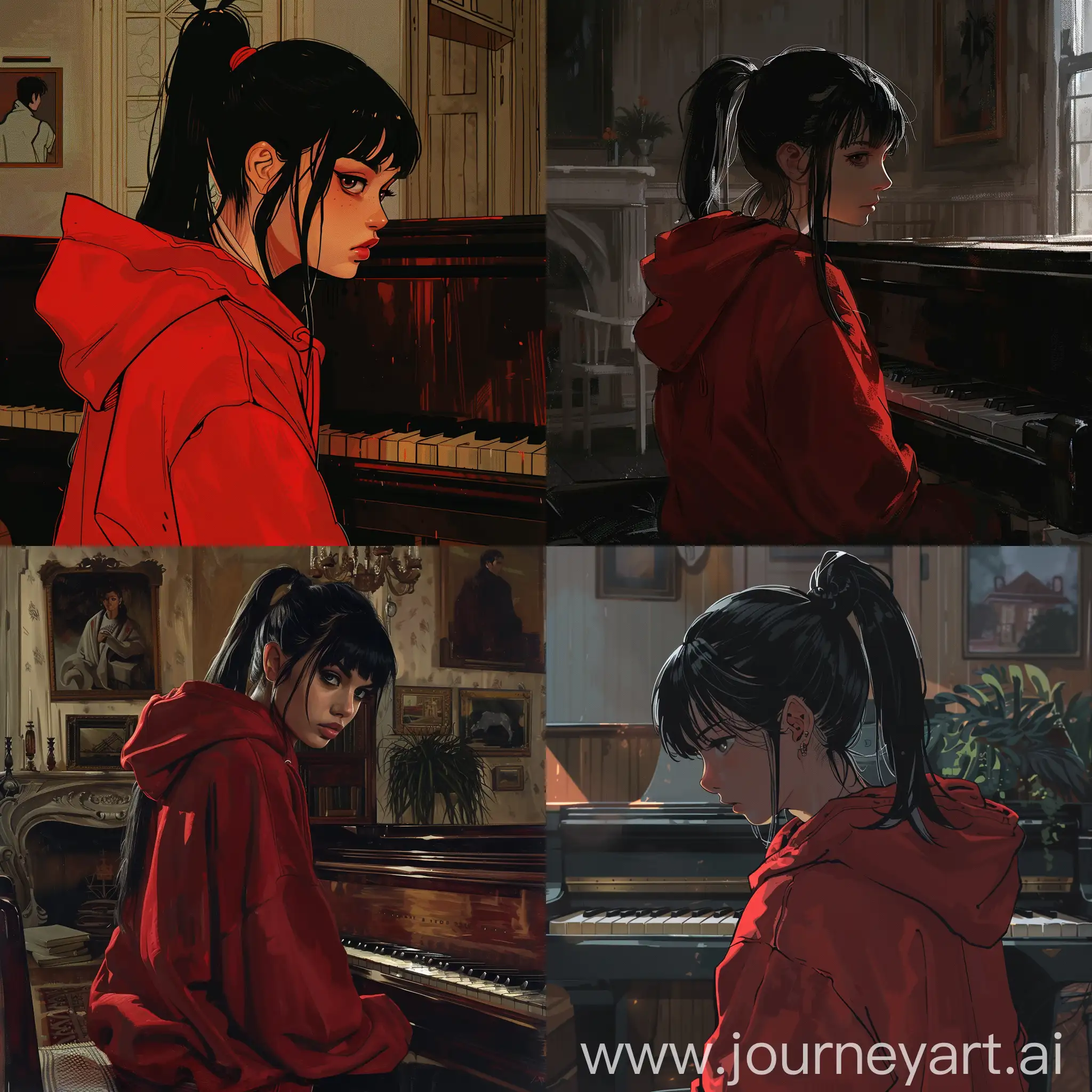 Lonely-Girl-in-Red-Hoodie-Watching-Guests-in-Big-House-with-Acoustic-Piano