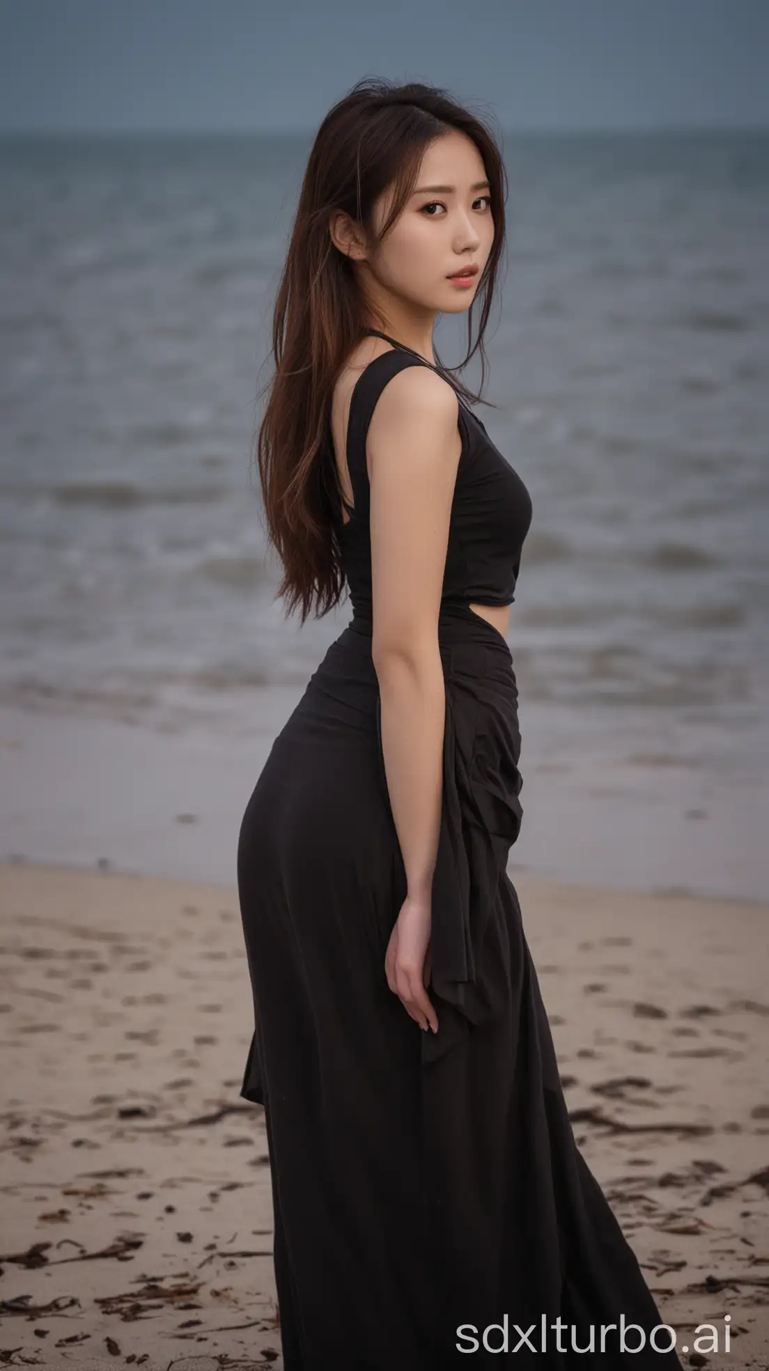 Chinese-Beauty-with-Brown-Long-Hair-at-Winter-Dusk-Beach-in-Black-Tshirt-and-Long-Skirt