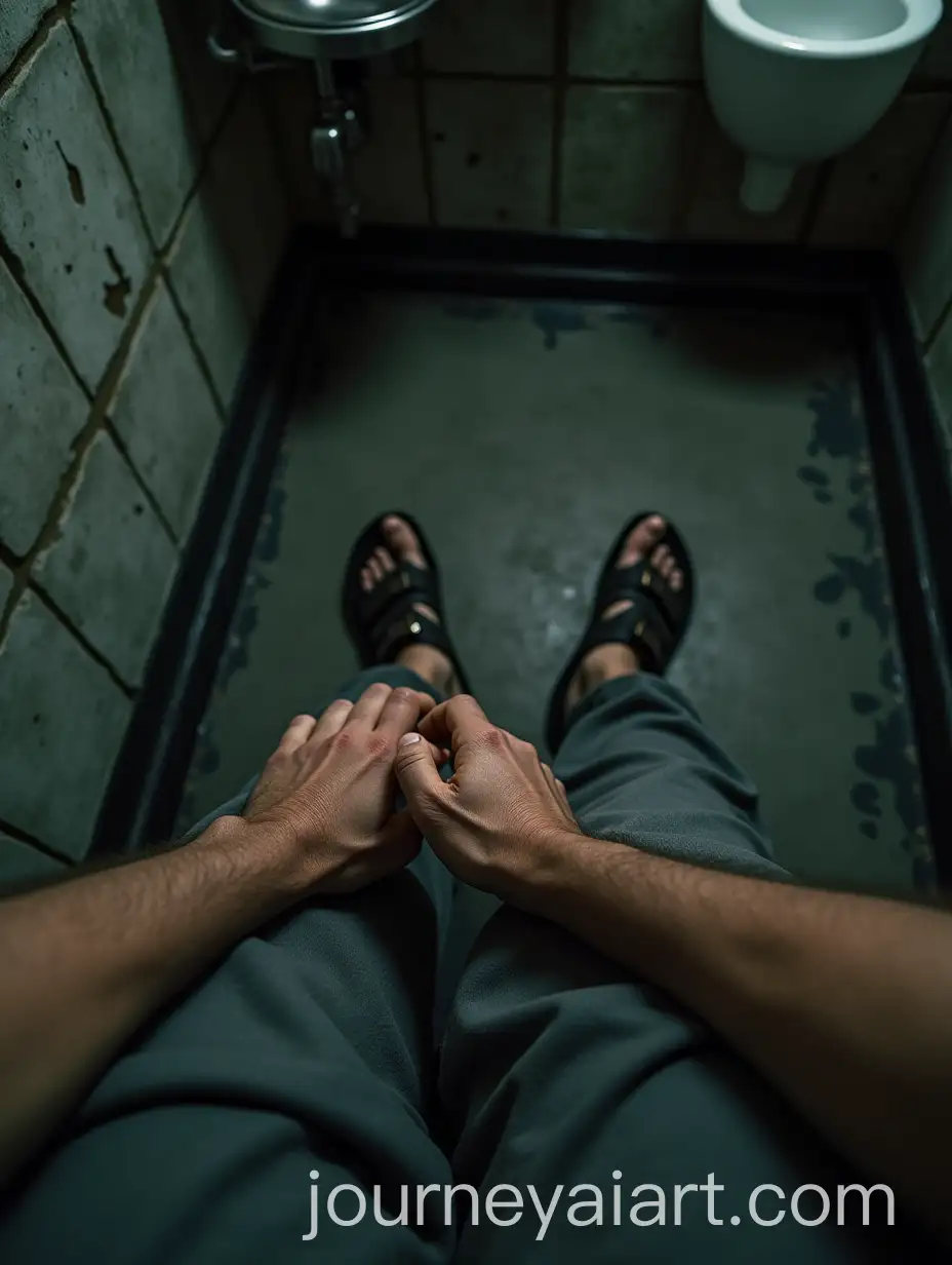 Prisoner-Sitting-on-Steel-Bed-in-Cold-Concrete-Cell-with-Graffiti-Walls
