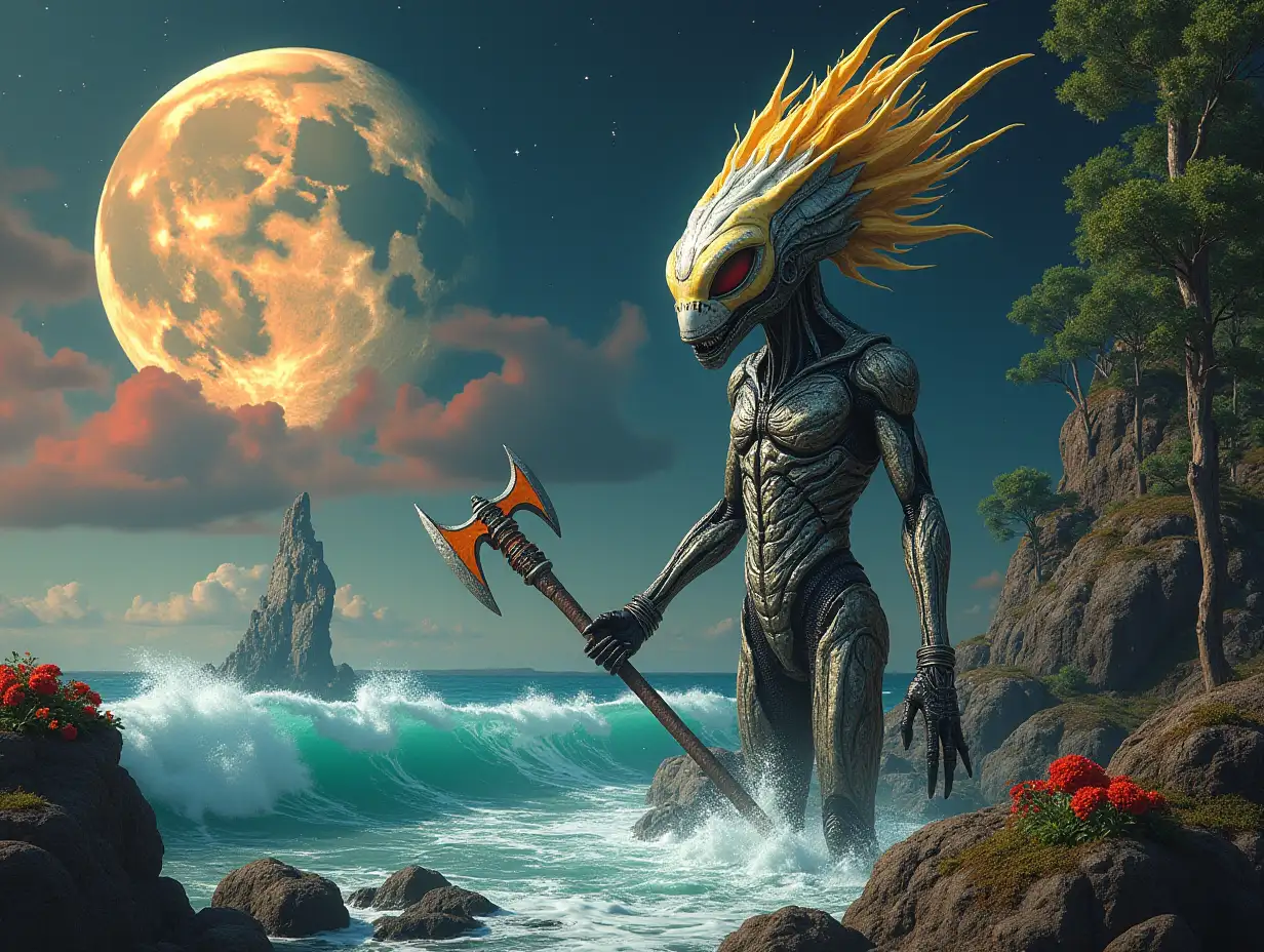 Hyperrealistic portrait of an alien king 15 meters tall with metal hair yellow and grey and white with ax in the sea in front of a 10 meter alien predator with giant alien snake with waves on a rock with plants that are meticulously detailed, colorful, forested planet with giant trees with moon stars and red clouds background   