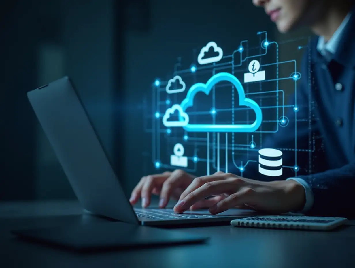 Working on Laptop with Cloud Computing Diagram, Network Connection, Data Storage. Digital Concept