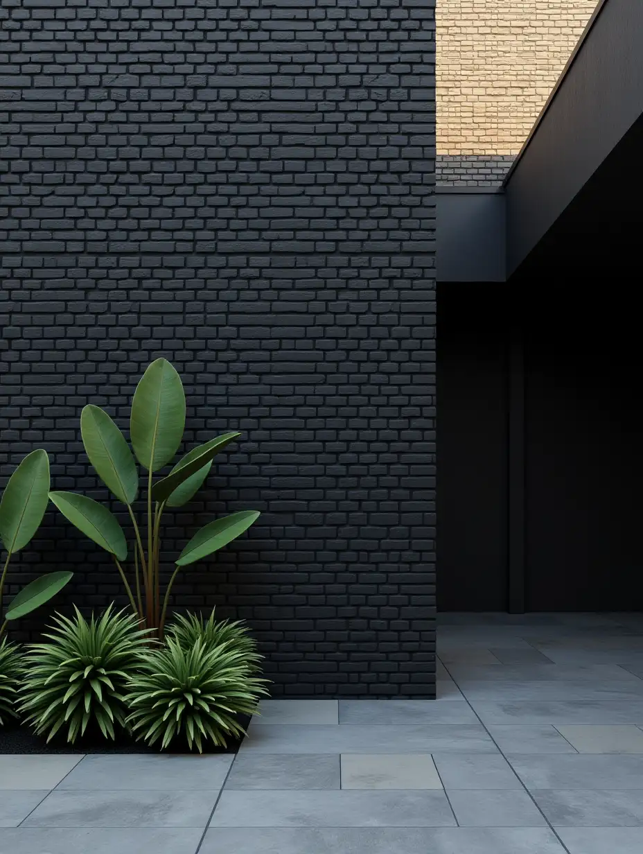 Modern-Architectural-Environment-with-Dark-Brick-Wall-and-Ornamental-Plants
