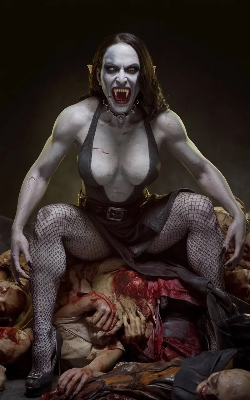 Very  mature  female monster (Charlize Theron:1.5) (Shark:0.6)  with menacingly sharp vampire fangs, heavy lower jaw, wide open mouth, aggressive makeup, with her gaze piercing through the viewer,  miniskirt, deep neckline, high heels, sitting on pile of corpse, photo, cinematic, 4k