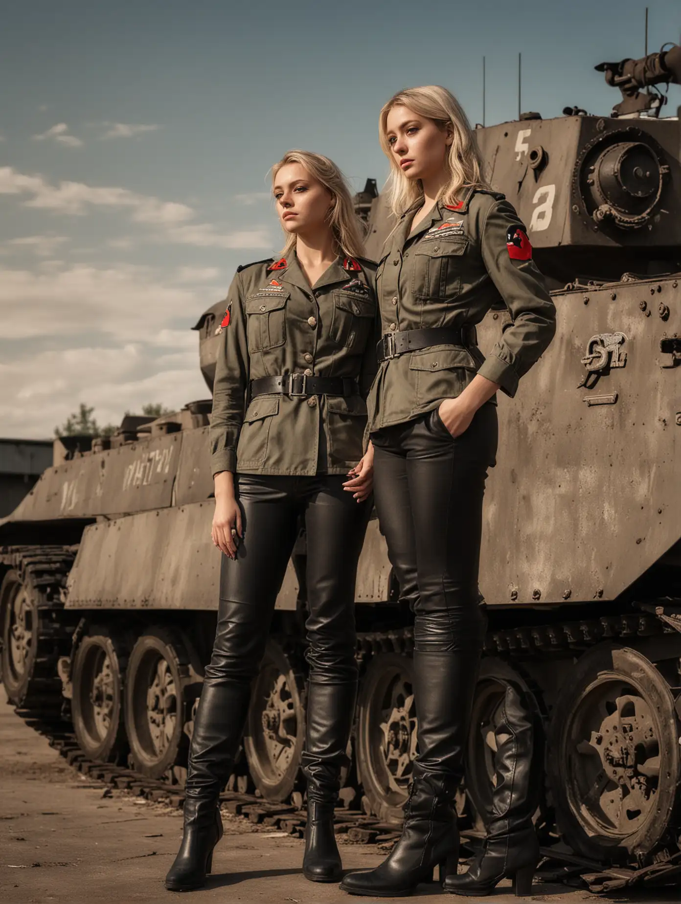 Blonde-German-Female-Soldiers-Posing-Next-to-WW2-Panzer-Tank-at-Military-Base