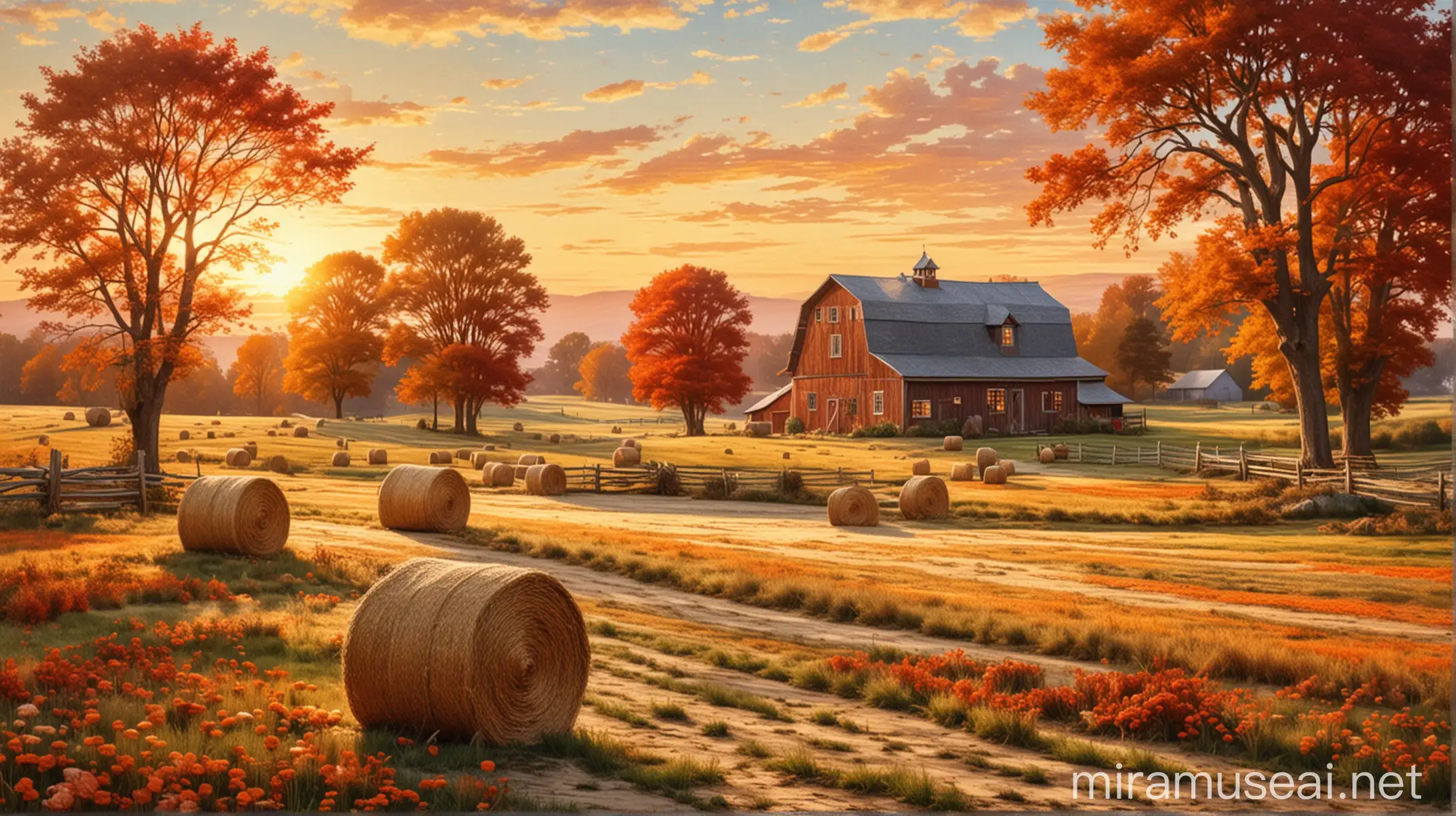 Autumn Countryside Scene with Fall Colors and Hay Bales