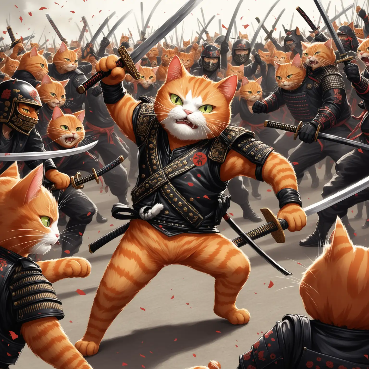 Anthropomorphic-Ginger-Cat-in-Biker-Gear-Facing-Samurai-Crowd