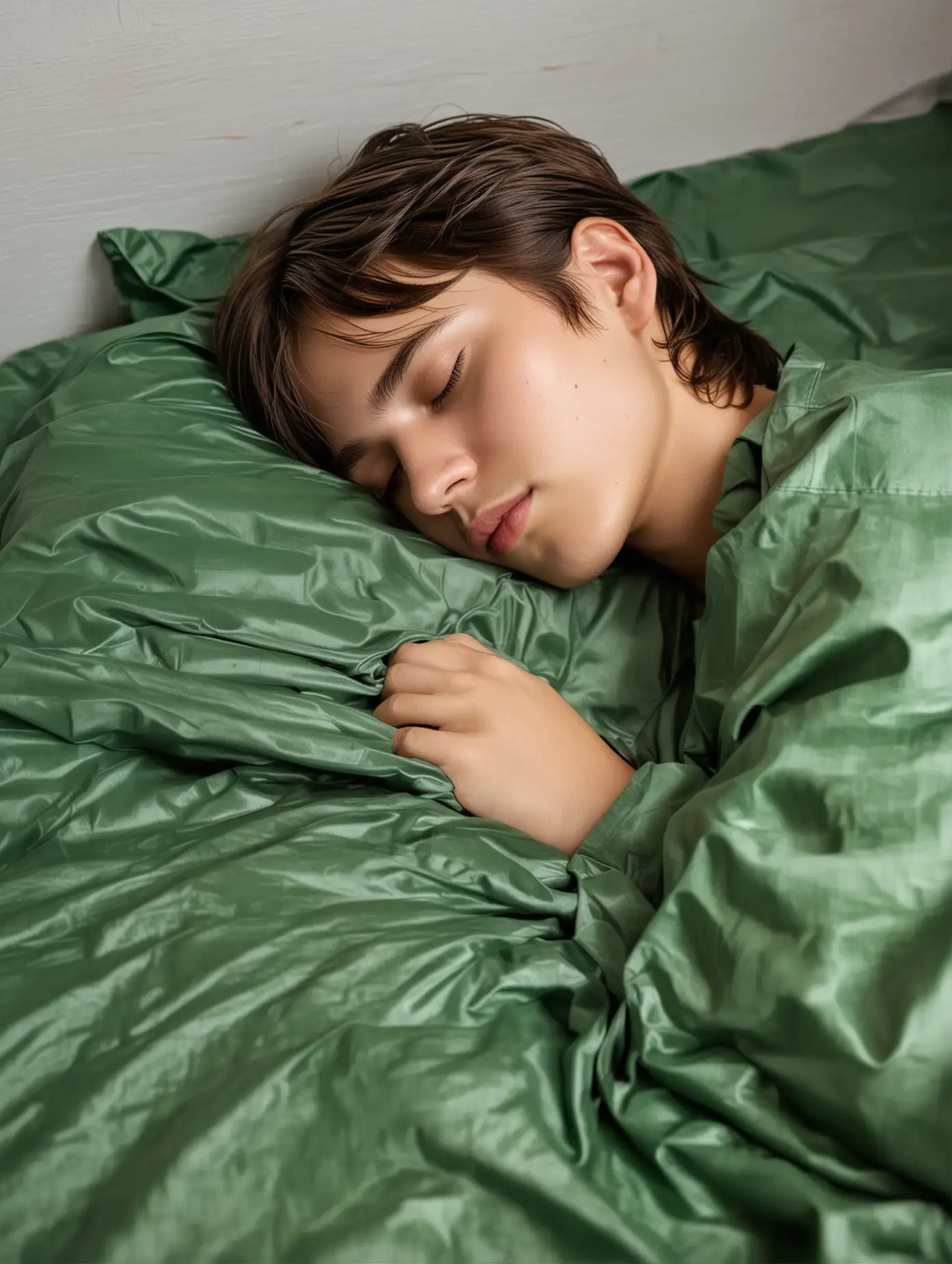 Handsome 17YearOld Boy Sleeping Peacefully in Green Sheets