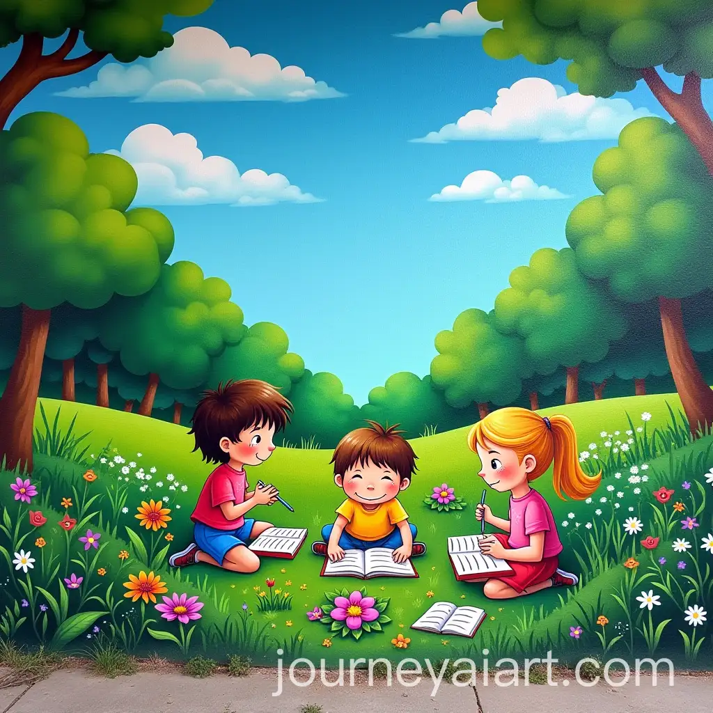 Vibrant-Graffiti-Mural-of-Children-Studying-in-a-Lush-Green-Environment