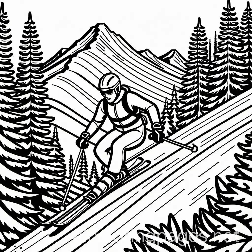 Majestic Alpine Skiing - A skilled skier carving through a steep alpine slope, surrounded by towering pine trees and distant mountain peaks. (Very simple and informative coloring book page for kids, no background), Coloring Page, black and white, line art, white background, Simplicity, Ample White Space. The background of the coloring page is plain white to make it easy for young children to color within the lines. The outlines of all the subjects are easy to distinguish, making it simple for kids to color without too much difficulty