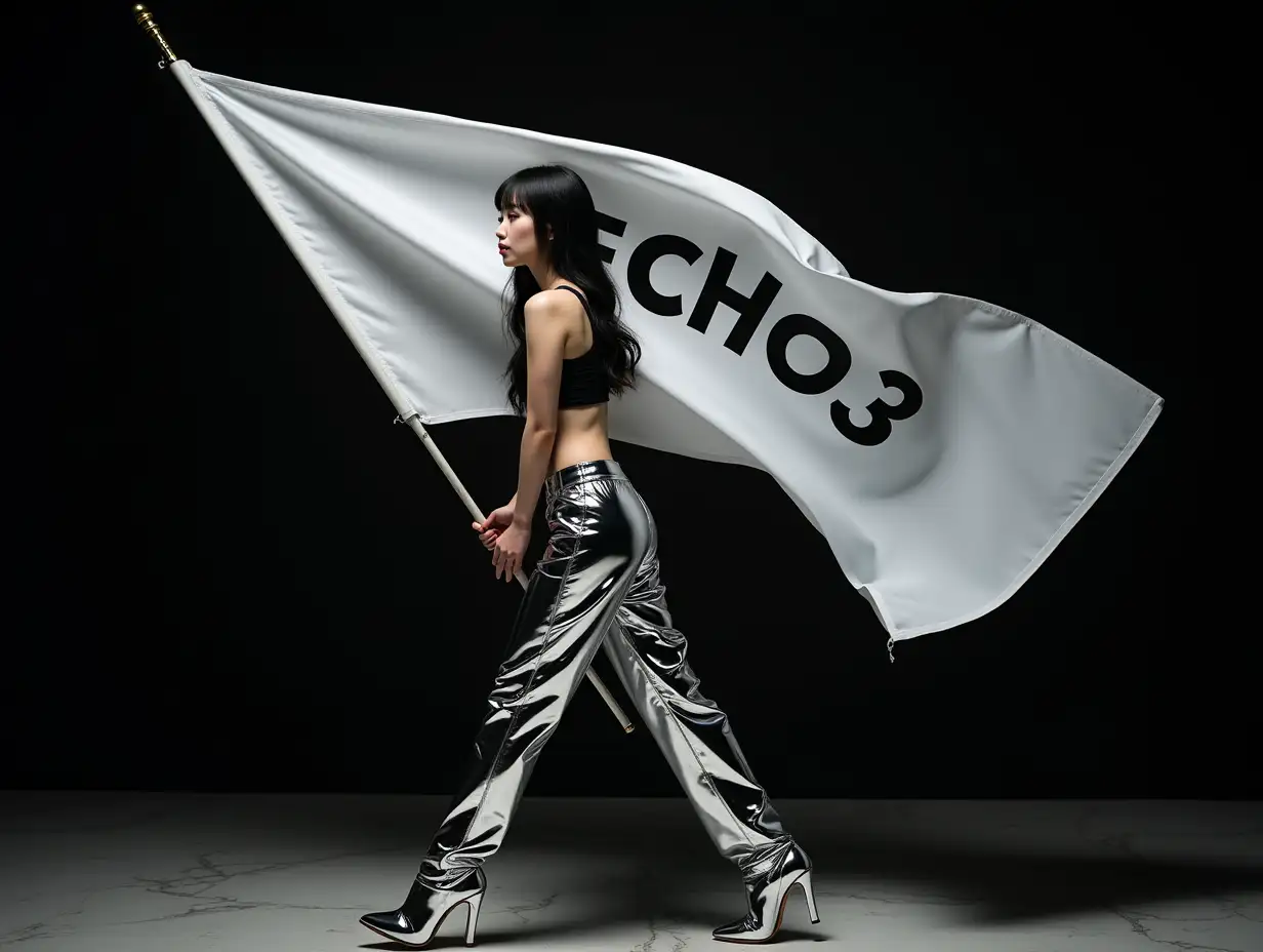 Young beautiful Korean Kpop idol girl, with long black hair with a bang, pale skin, dark makeup with Smokey eyes and lipstick, wearing a chrome plastic crop top and chrome plastic pants with chrome high heels, walking from the profile side, holding a flagpole with the huge white flag spread out behind her with « ECHO3 » written on it, dark black background, marble floor, full body, wide angle