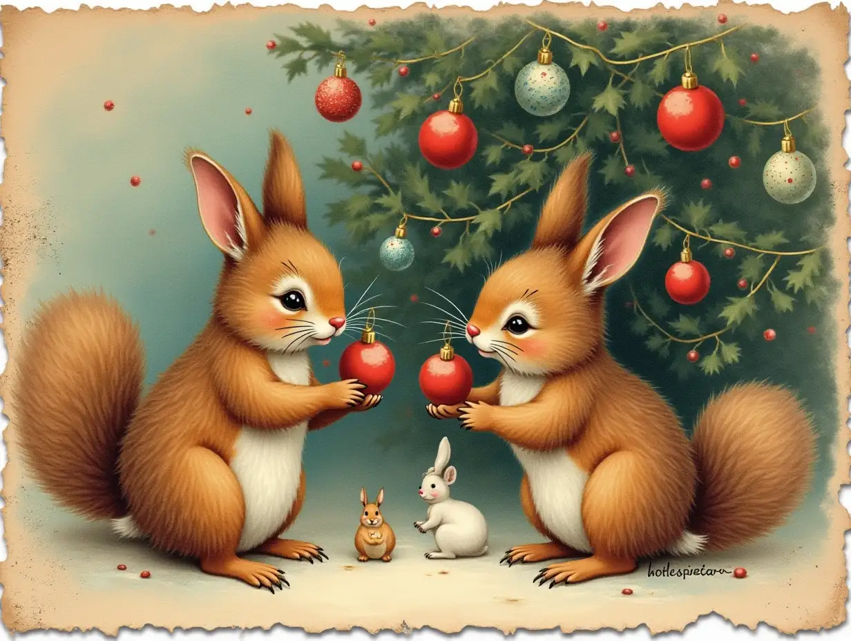 Vintage-Postcard-with-Squirrels-and-Bunnies-Decorating-Christmas-Tree