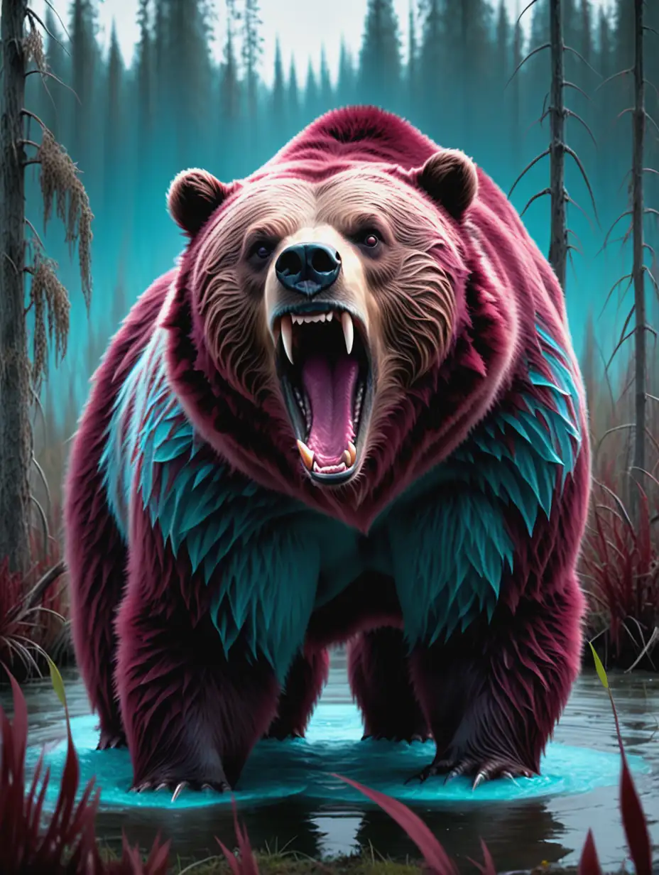 Fantasy Movie Scene Blue Grizzly Bear Growling in Maroon Swamp