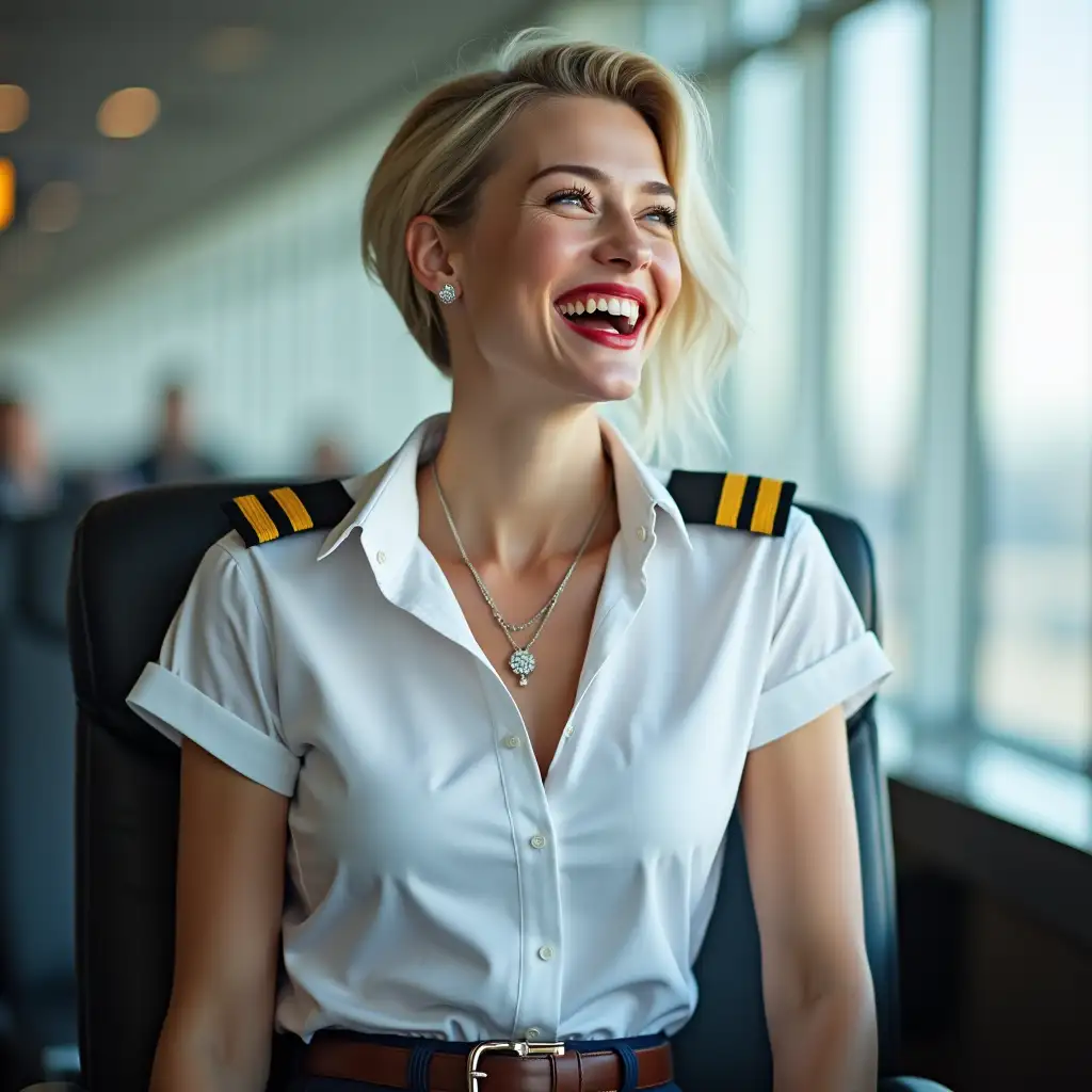 white norvegian pilot lady, in white deep-necked pilot shirt, laughing with her mouth open, red lipstick accentuating her smile,belt on waist, big wide hips, chest are fully grown, jewerly, short hair, HD, enjoing at airport , photo-realism