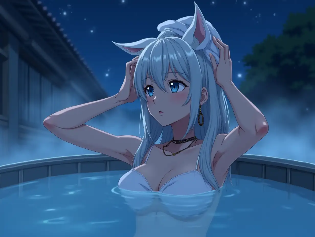 Anime mature adult woman with an hourglass body who looks like she is in her 30's with big breast, blue eyes, black and gold earrings, a choker around her neck, long white hair and white cat ears on her head. She is in a huge outdoor onsen relaxing as she look at the night sky. The fog is slightly thick. Only thing visible is her head as she puts a small towel on top of her head.