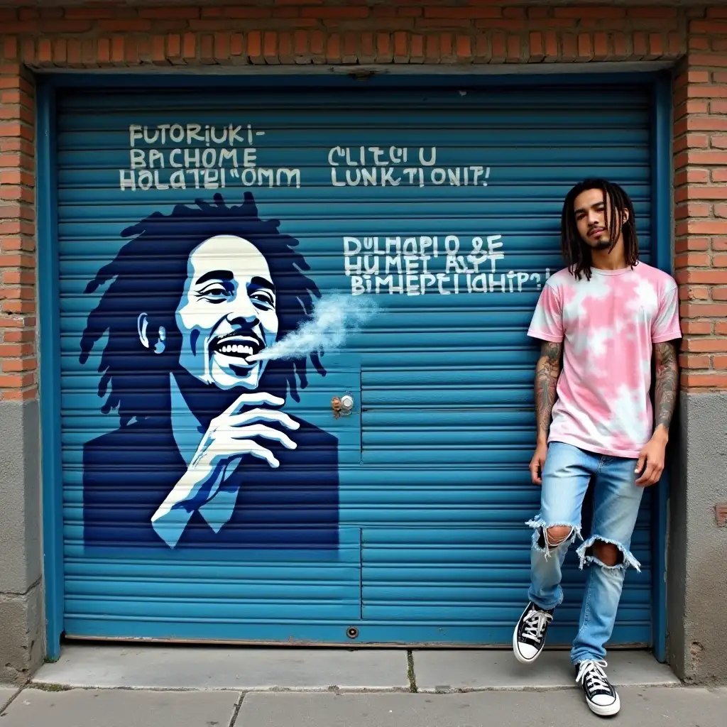 Korean-Man-Leaning-Against-Graffiti-Garage-Door-with-Bob-Marley-Portrait-and-Message-in-Indonesian