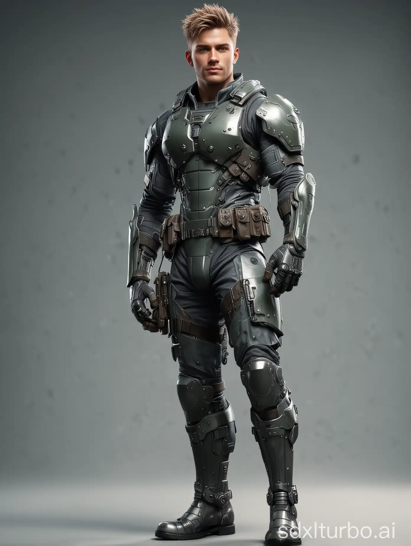 cyber soldier with gear armor, handsome hunk, nice hair, happy face. nice boots. realistic photo.