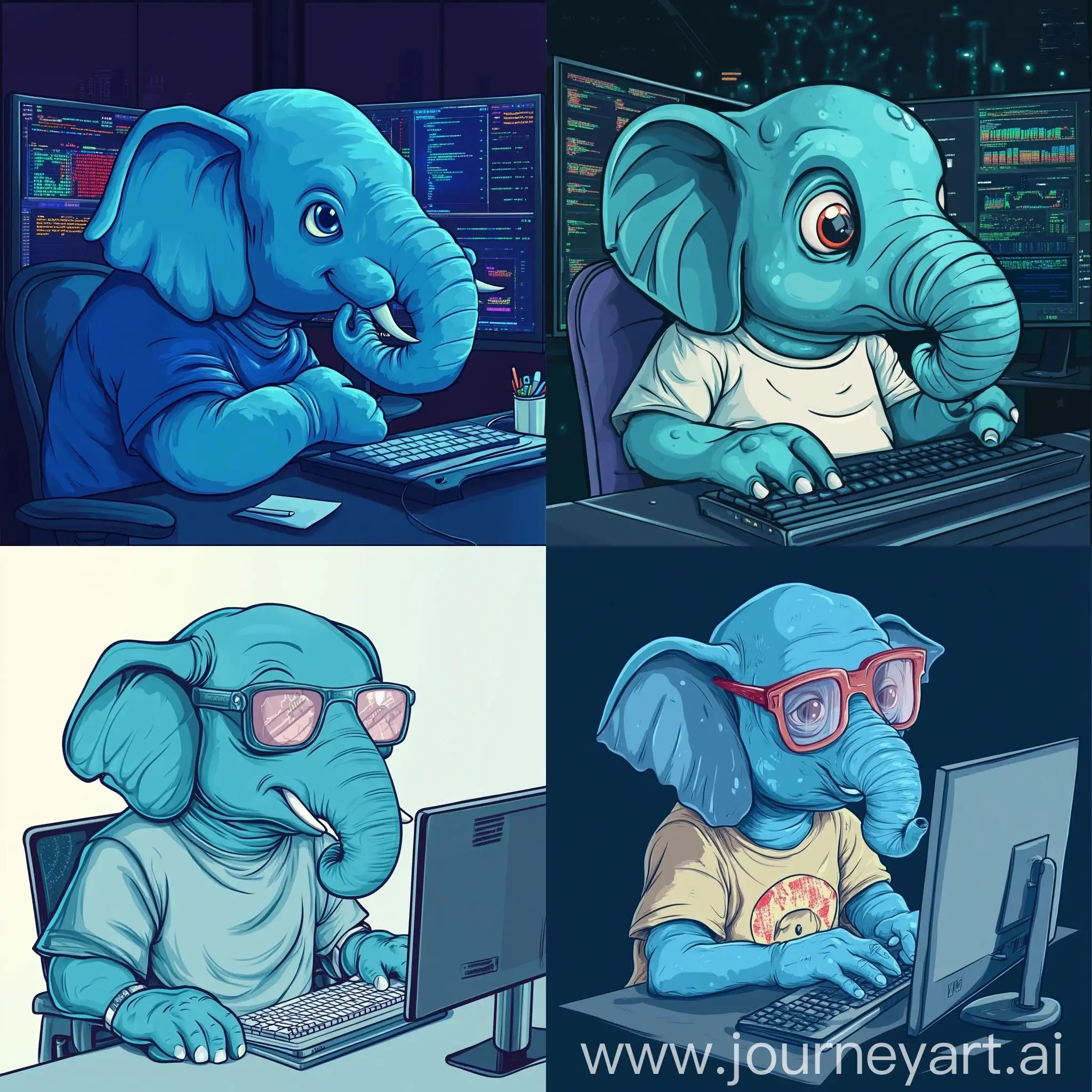 Cartoon-Blue-Elephant-Trader-Working-on-Computer-in-TShirt