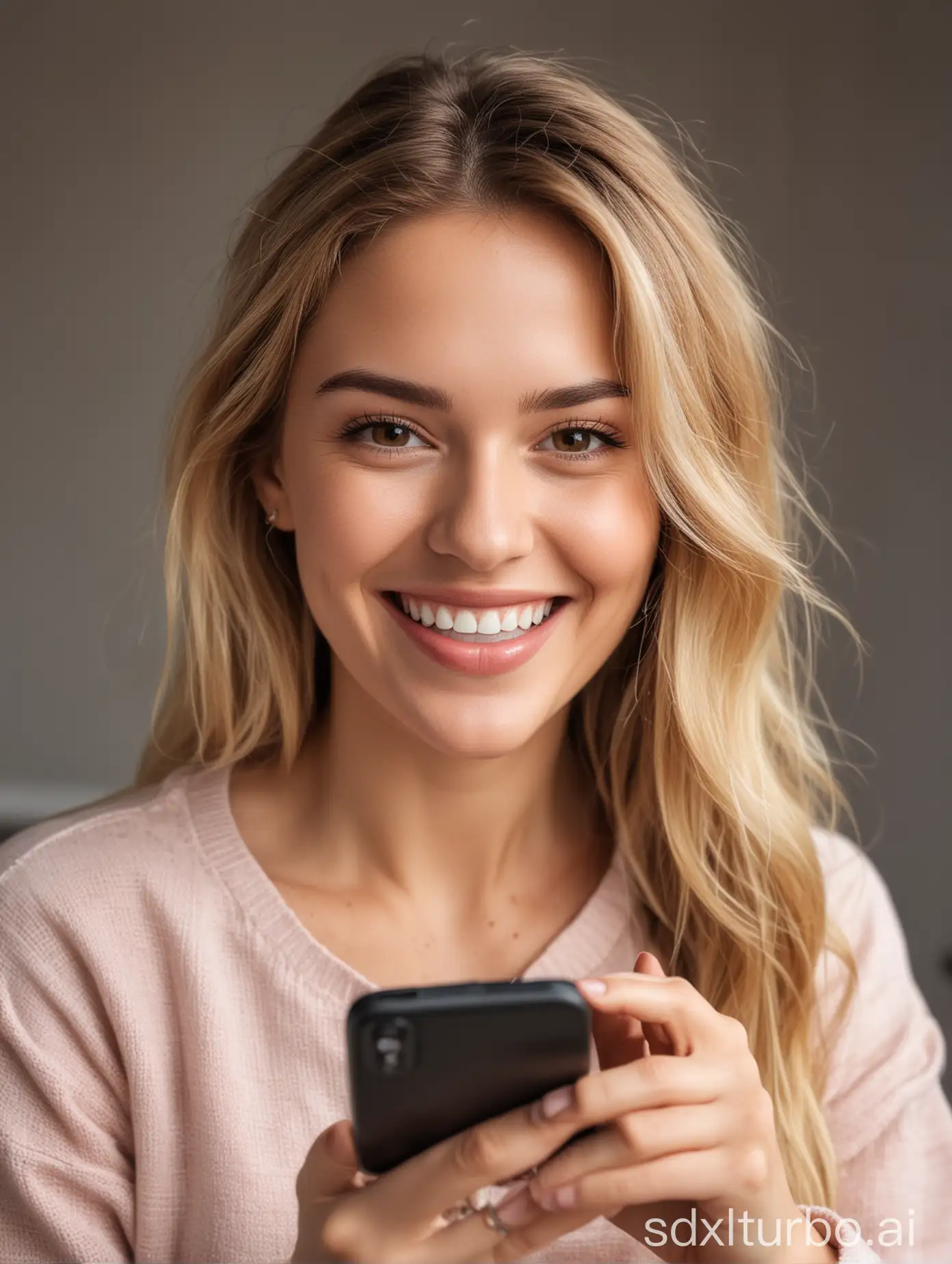 beautiful woman smiling while playing with phone