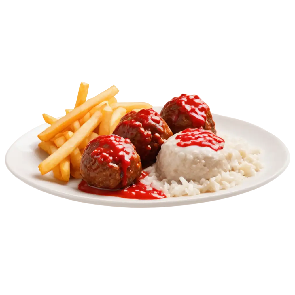 Delicious-Meatballs-with-Rice-French-Fries-Red-and-White-Sauce-PNG-Image