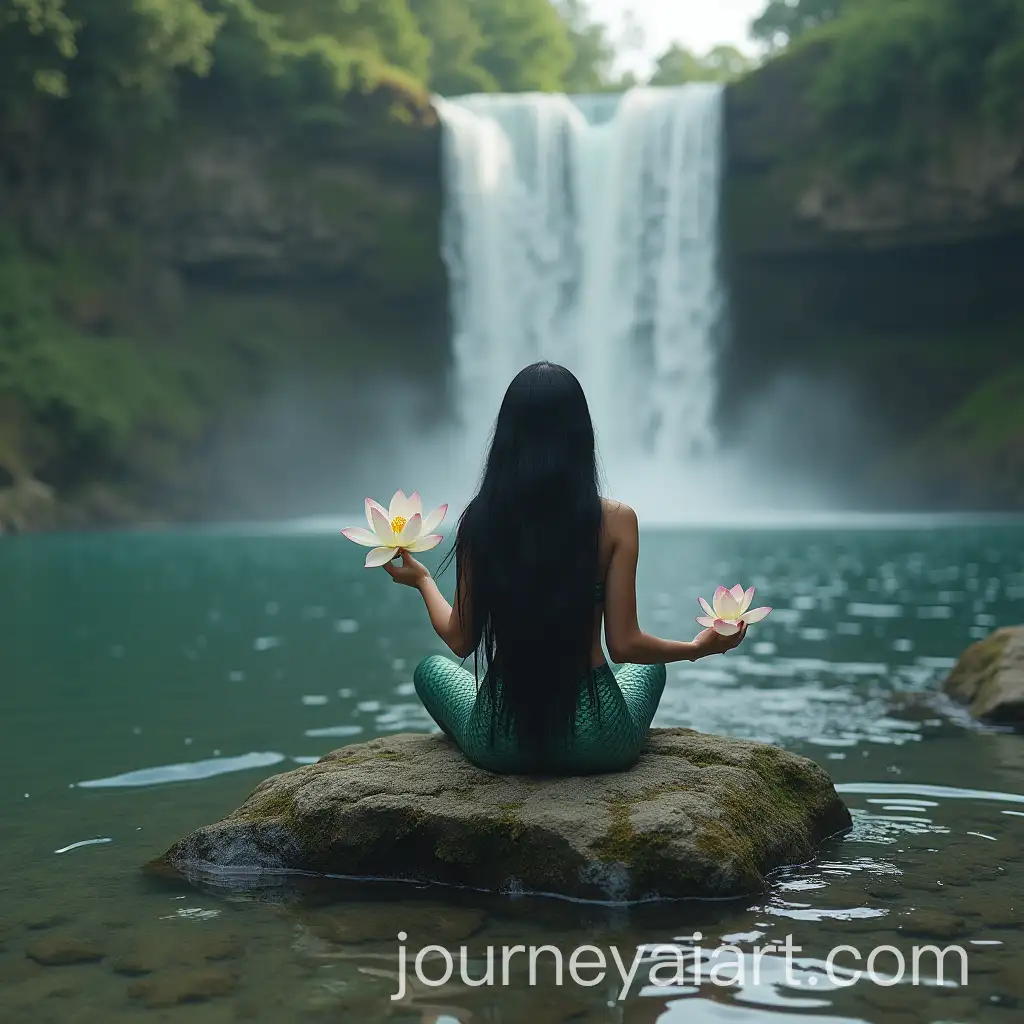 Mermaid-with-Long-Black-Hair-Sitting-by-Lake-and-Waterfall-Holding-Lotus