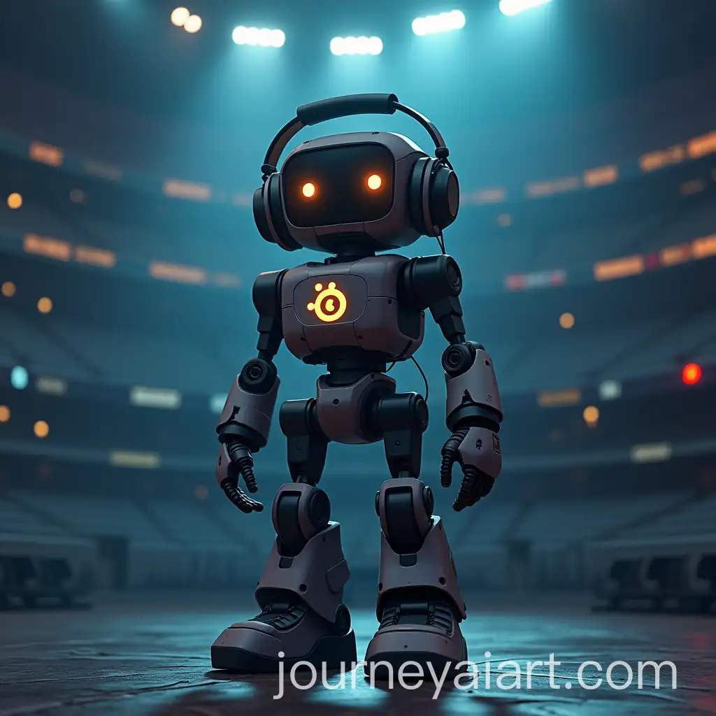 1980s-AnimeInspired-Robotic-Character-with-Headphones-in-Esports-Stadium