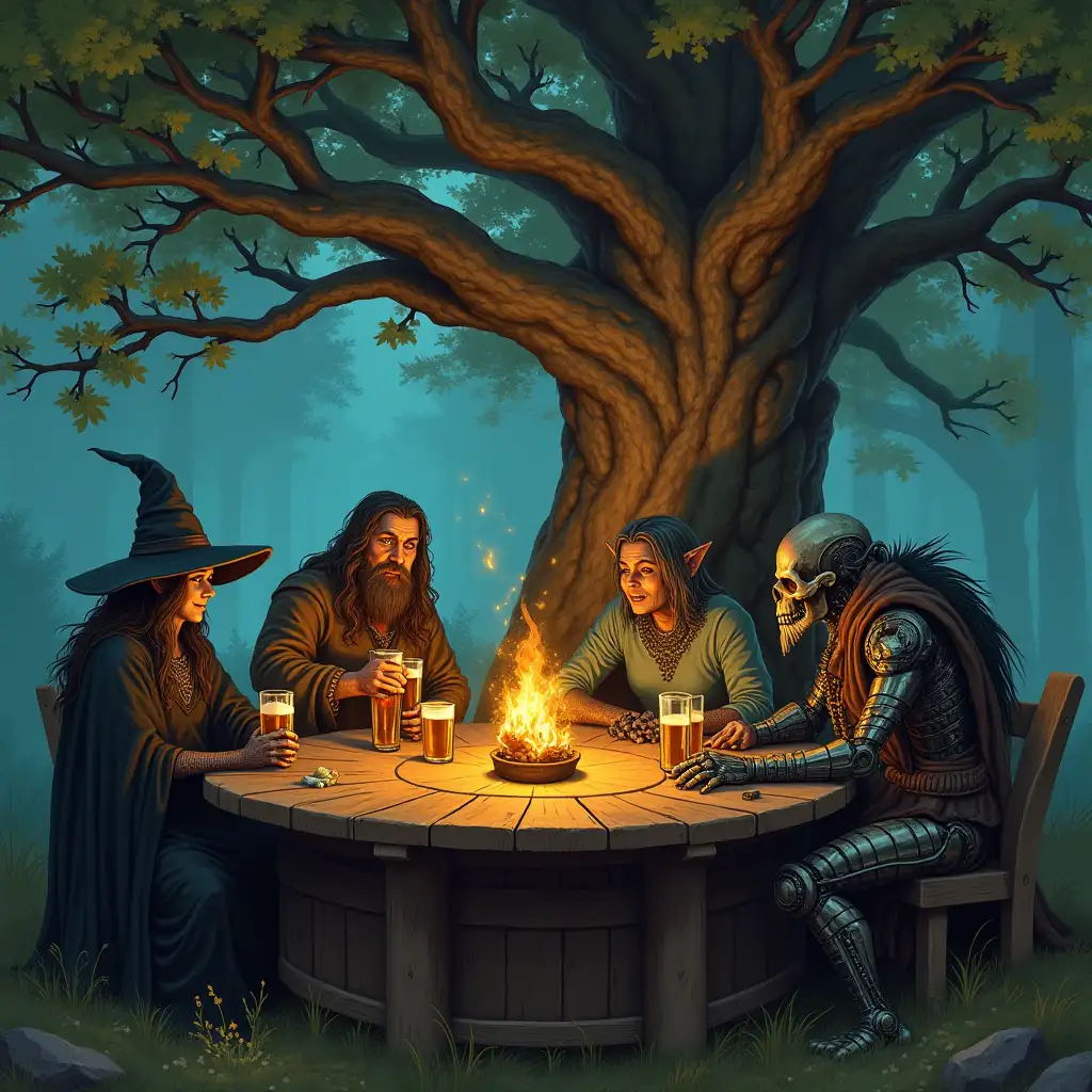 Fantasy-Characters-Enjoying-Beverages-Under-an-Oak-Tree