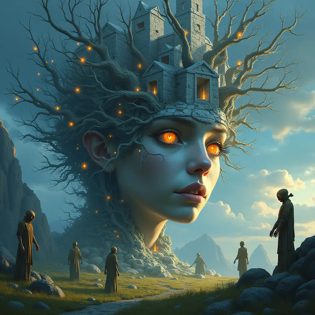 Creating a digital painting of a face with hair transformed into a building with silver stones and illuminated trees with roots and lanterns and strange alien beings on a meadow