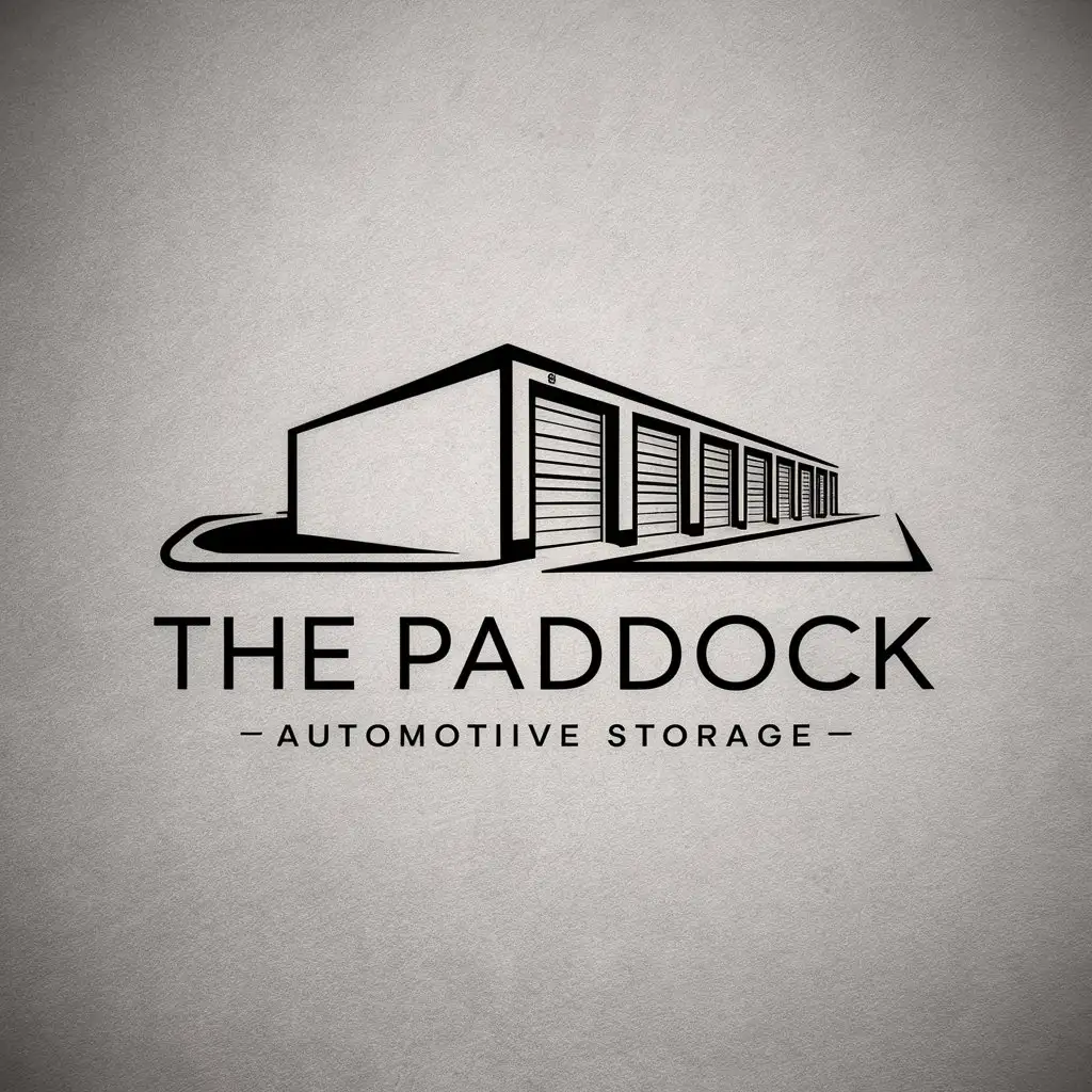 LOGO Design For The Paddock Automotive Storage Minimalistic Building with Garage Doors Next to a Racetrack