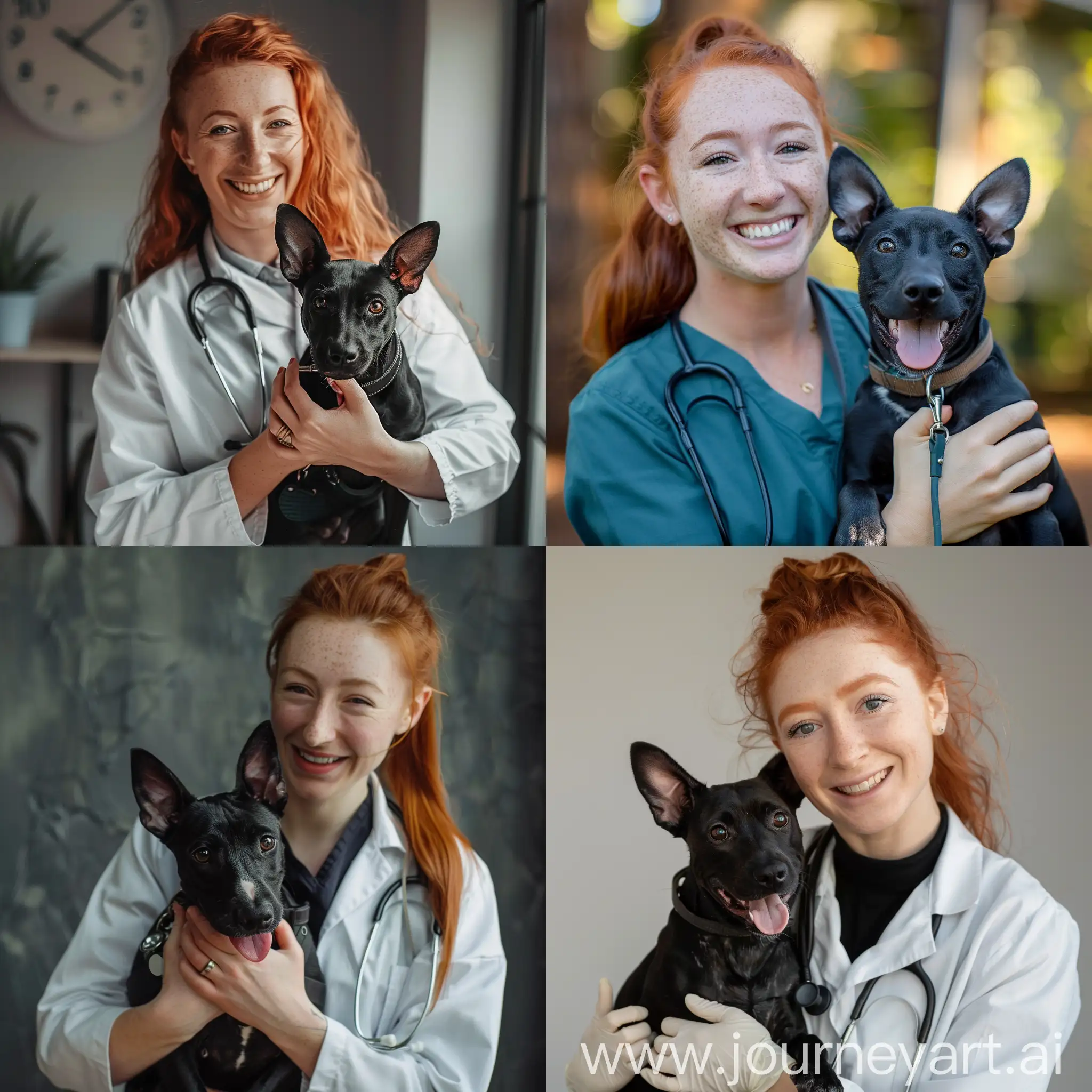 Happy-Redheaded-Girl-Veterinarian-Holding-Black-Bullterrier