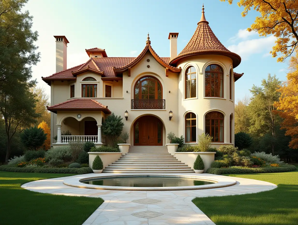 Crooked House, Garden  Planted-Clean, with gilded stucco, large windows with glass closed, curved, smooth window shapes, winding big entrance steps of marble, Complex pointed roof with pond, Lanterns, Bank of gold, Orange tree 4K resolution colorful superwide-angle shots