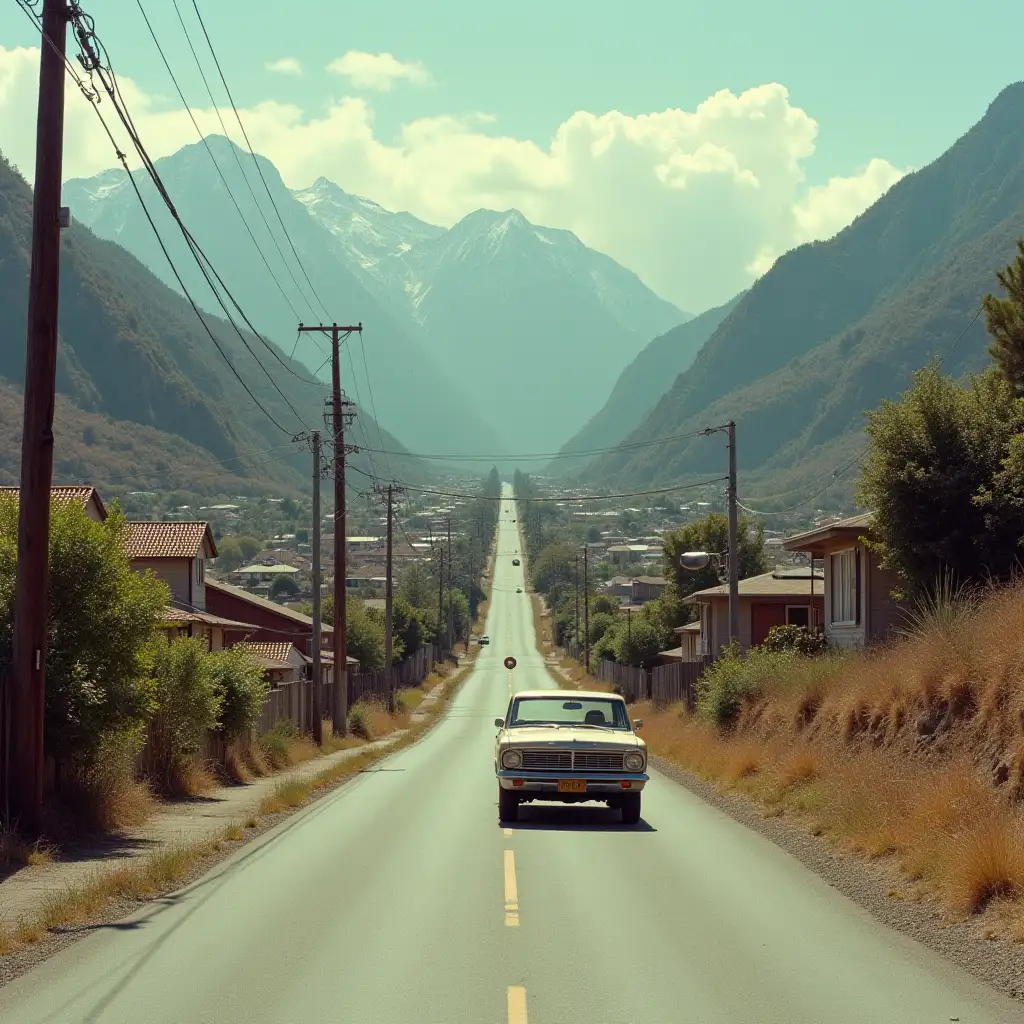 70s long street driving down and up hill in an old-timer car, going down with houses, plants, trees, a valley, far away big mountains