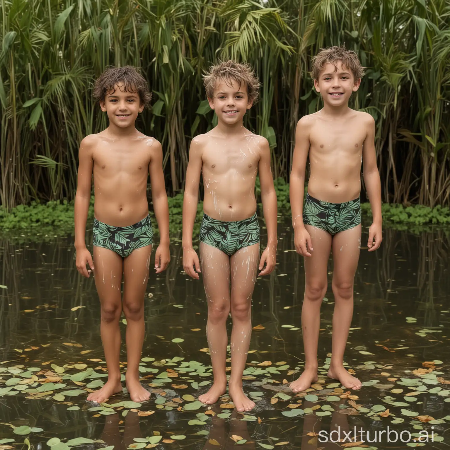 Two Hispanic and Caucasian boys, ages 12, standing barefoot, with short, messy hair, wearing sheer lycra briefs with leaf prints visible on the sides, pose in front of the camera on the floor of the outdoor lagoon.