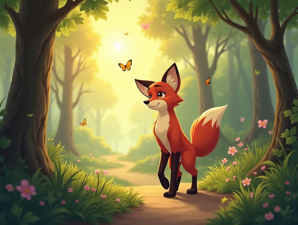 foxy hurt her paw. she is sad and walks along the forest path. the sun is shining in the sky, butterflies and beetles are flying. Disney style