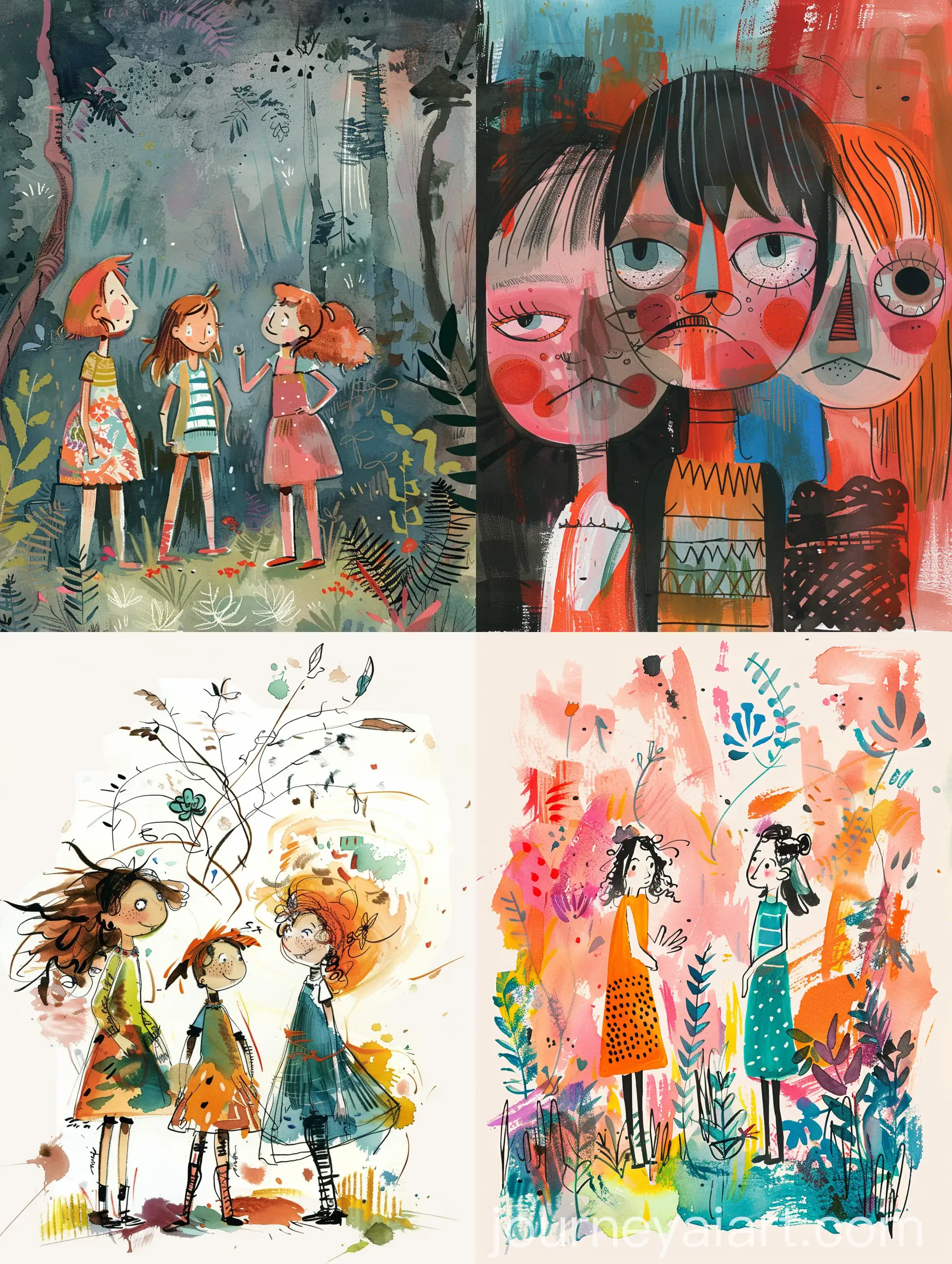 Quentin-Blake-Style-Illustration-of-Three-Girls-Friends-and-Enemies-Playfully-Interacting