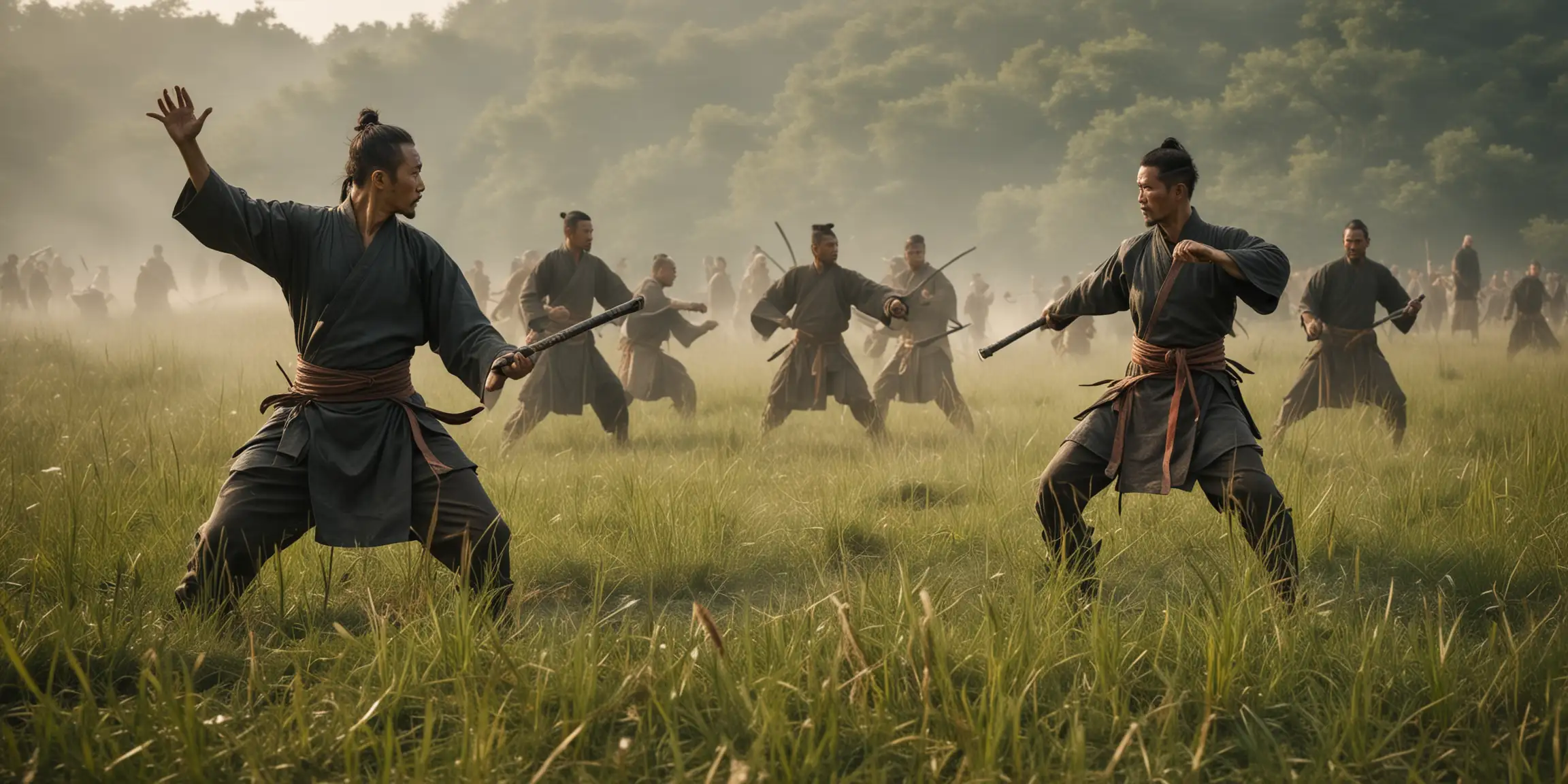 Ancient Kung Fu Warriors Battling in a Grassy Field