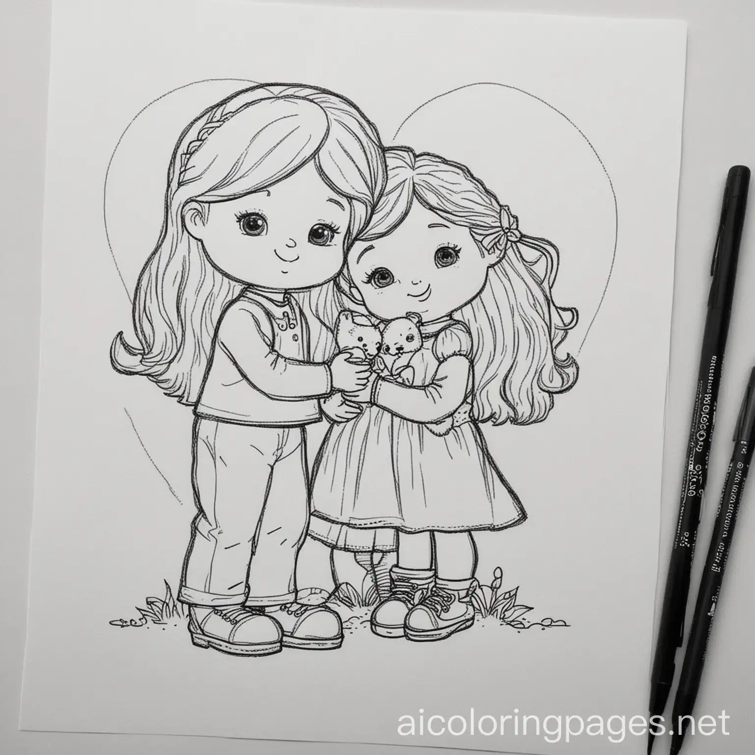 love, Coloring Page, black and white, line art, white background, Simplicity, Ample White Space. The background of the coloring page is plain white to make it easy for young children to color within the lines. The outlines of all the subjects are easy to distinguish, making it simple for kids to color without too much difficulty