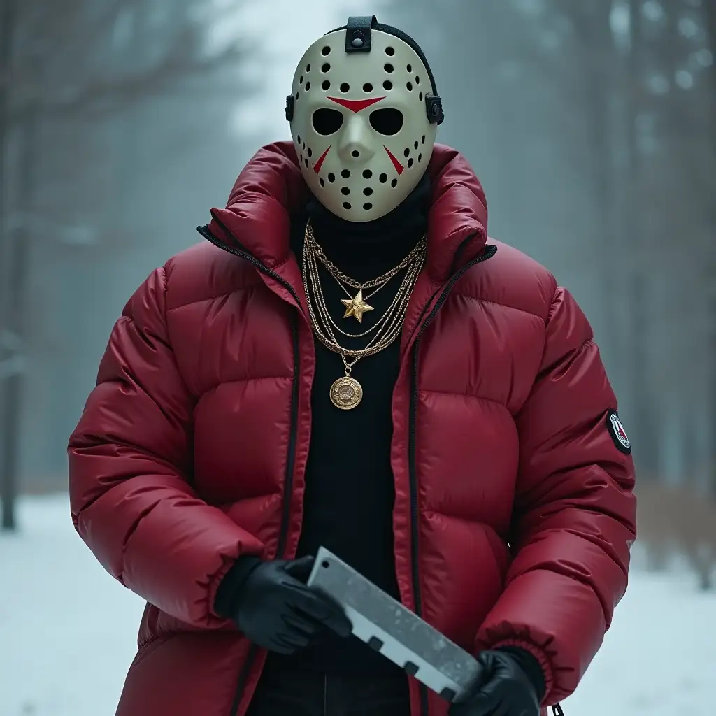 Jason Voorhees, he wears a red Moncler puffer jacket, he holds a machete, he wears golden jewelry, smokey background, winter background