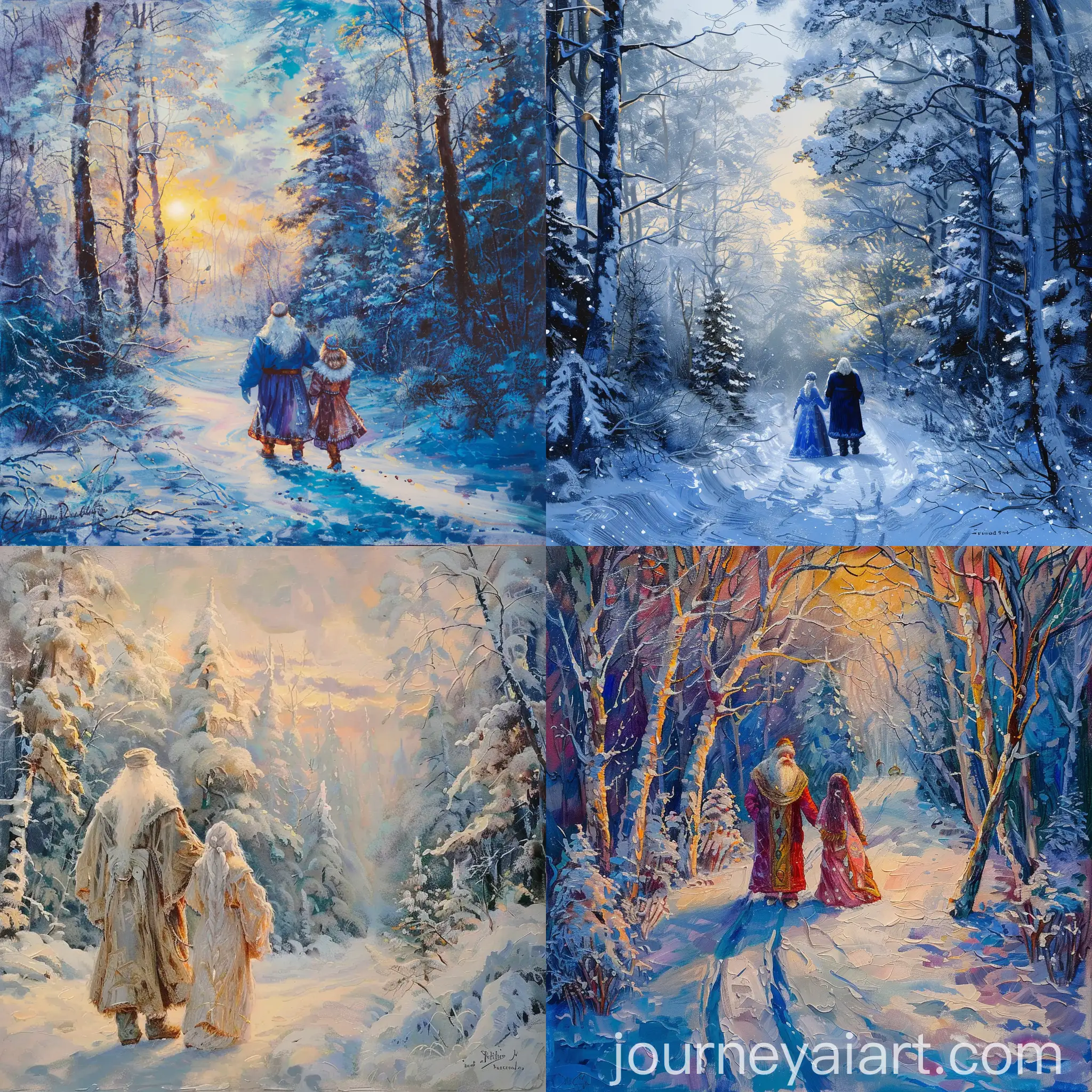 Grandfather-Frost-and-Snow-Maiden-in-Winter-Forest-at-Dawn
