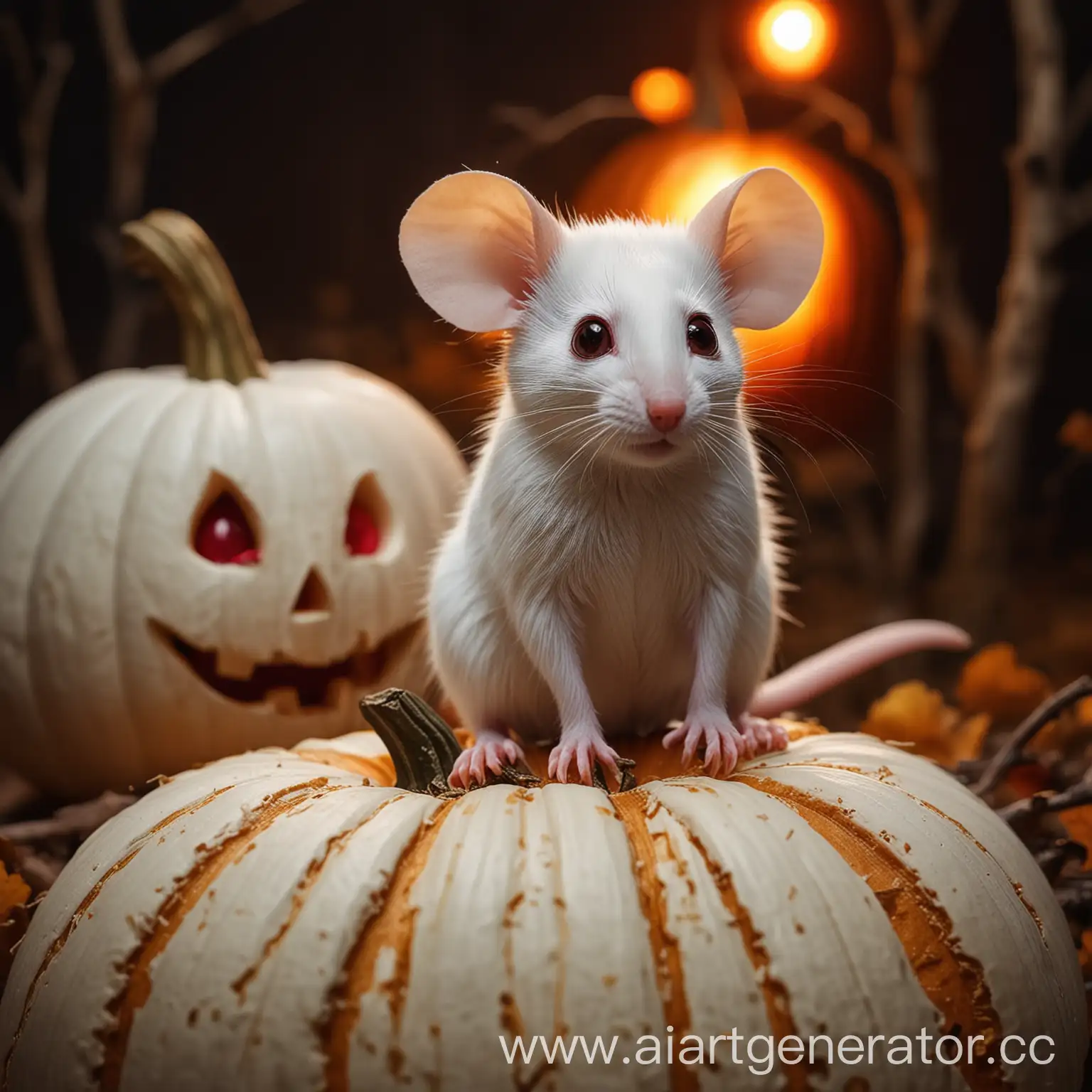 Halloween vibes. A white mouse in the foreground. Mouse sits on the pumpkin. It's night. The mouse with red eyes. Autumn wood background.Close-up of the white mouse. 