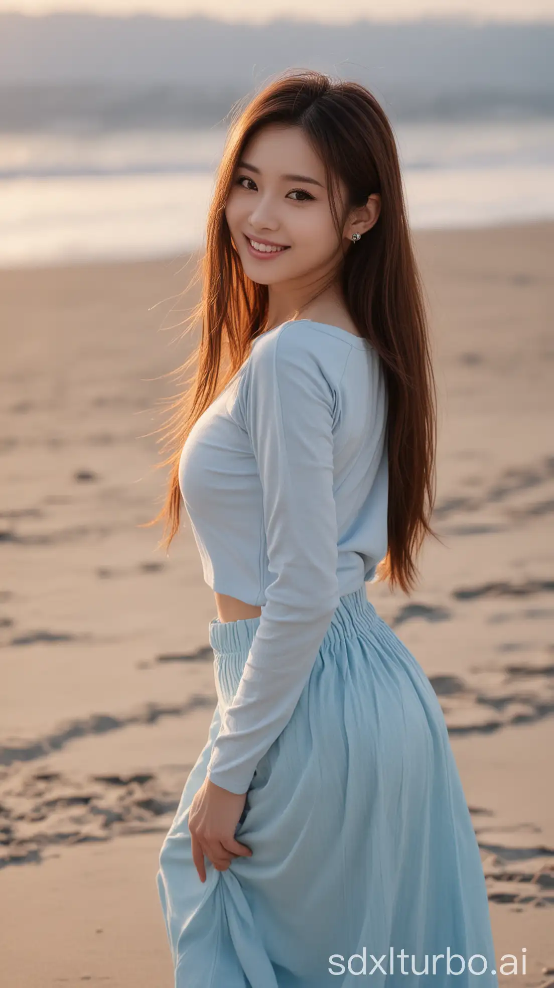 Chinese-Beauty-with-Sweet-Smile-in-Winter-Sunset-on-Beach