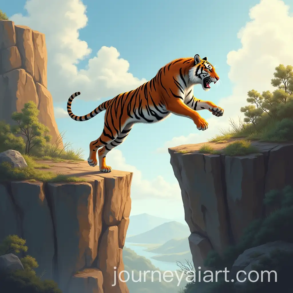 Realistic-Tiger-Leaping-Between-Cliffs-in-Majestic-Landscape