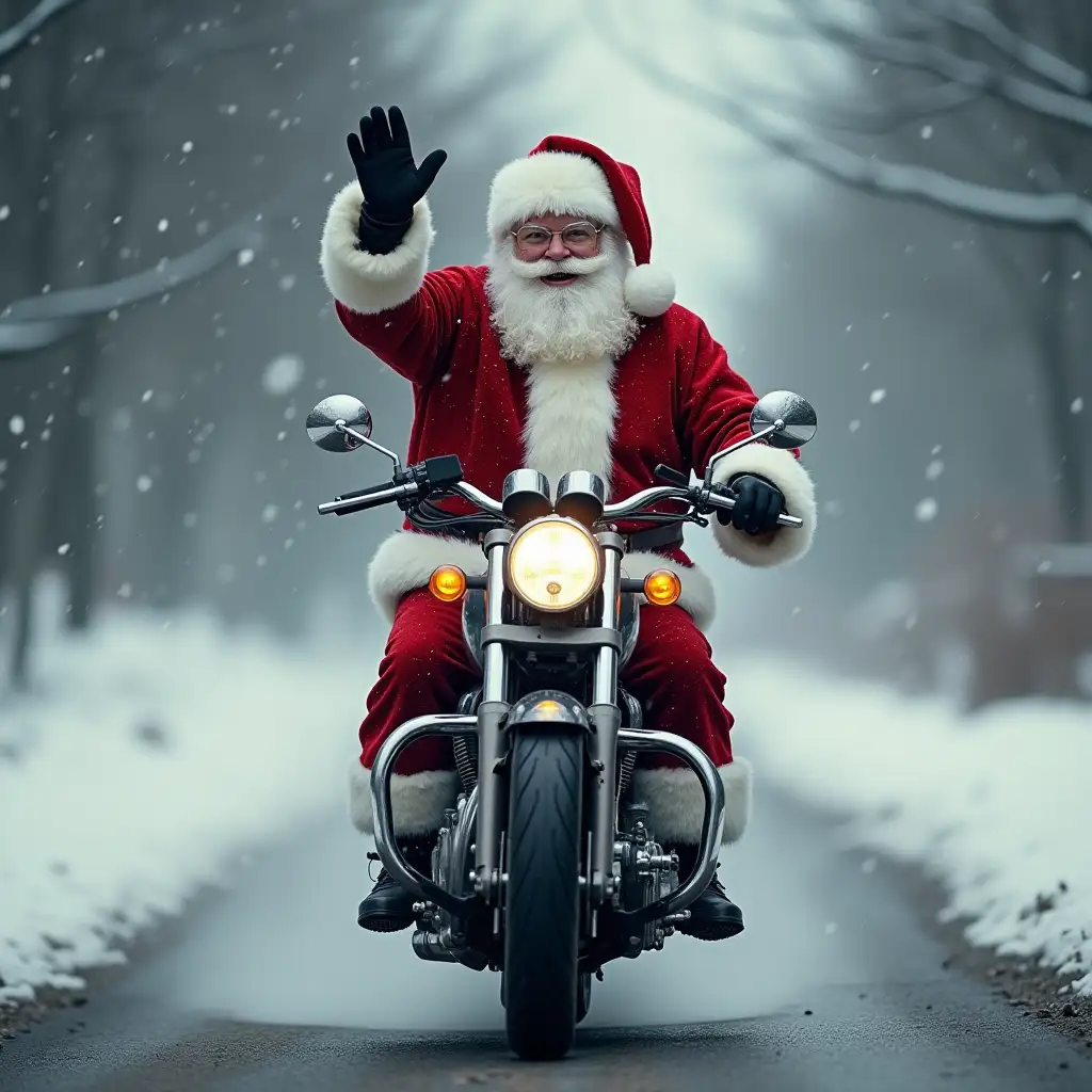 Santa Claus is leaving. Motorcycle leaving, leaving, . Smoke coming out of the brakes to give the impression of being in a hurry. Screeching tires as they say. Santa Claus raises his hand to say goodbye...