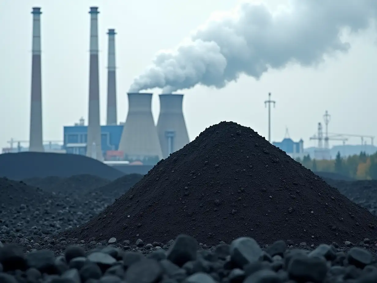 Coal pile and industrial chimneys on natural black coal backdrop Issues with coal energy fossil fuel emissions and environmental impact